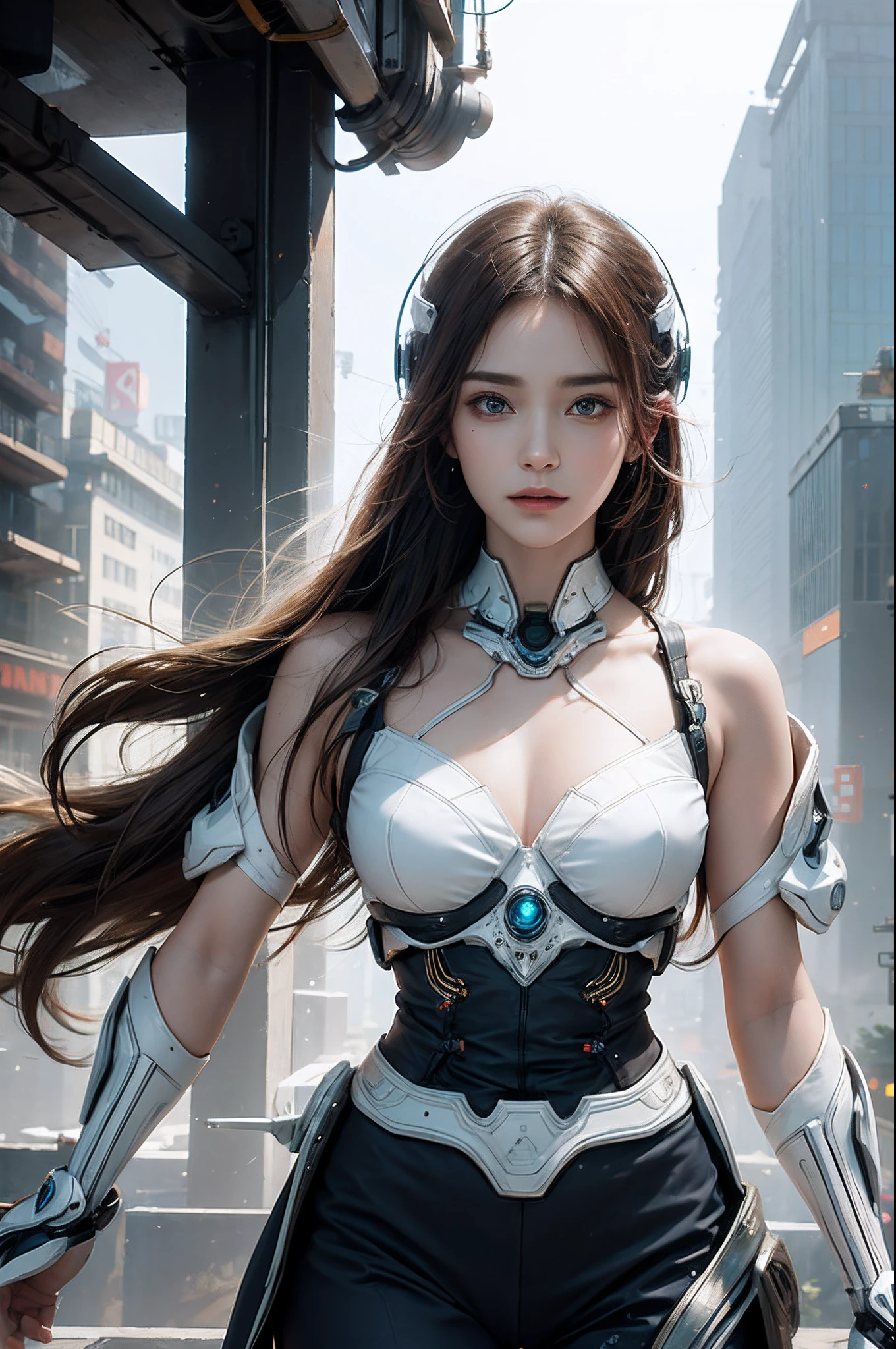 "A mesmerizing and ethereal depiction of a cyborg immersed in a dynamic whirlwind of digital data."