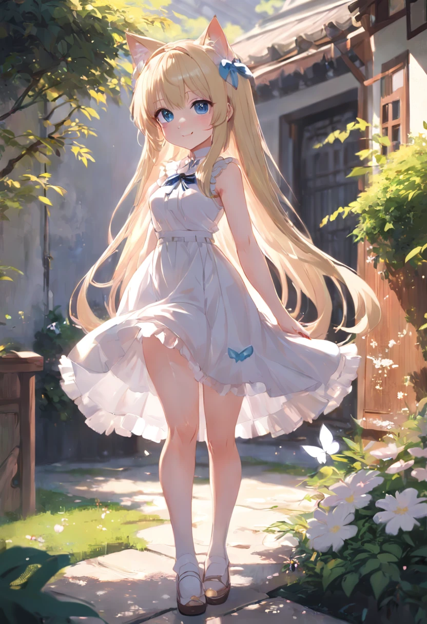 (high quality, High resolution, Very detailed, reality:1.37), Peaceful atmosphere, (Outdoor, garden), 5  girl standing alone, (my breasts are small.), Beautiful details, Cute Smile, (Long blonde hair), ((White sheer camisole dress)), White socks, White high heels、White Hat.NSFW、((Sheer milk))、((Crotch showing through))