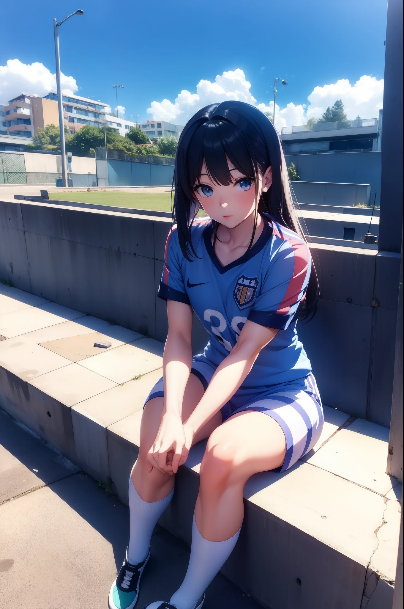 Chica anime de ojos azules, athletic, with sportswear from a school or institution, cabello rubio claro rizado corto, trasero grande y redondo, caderas amplias, pechos medianos