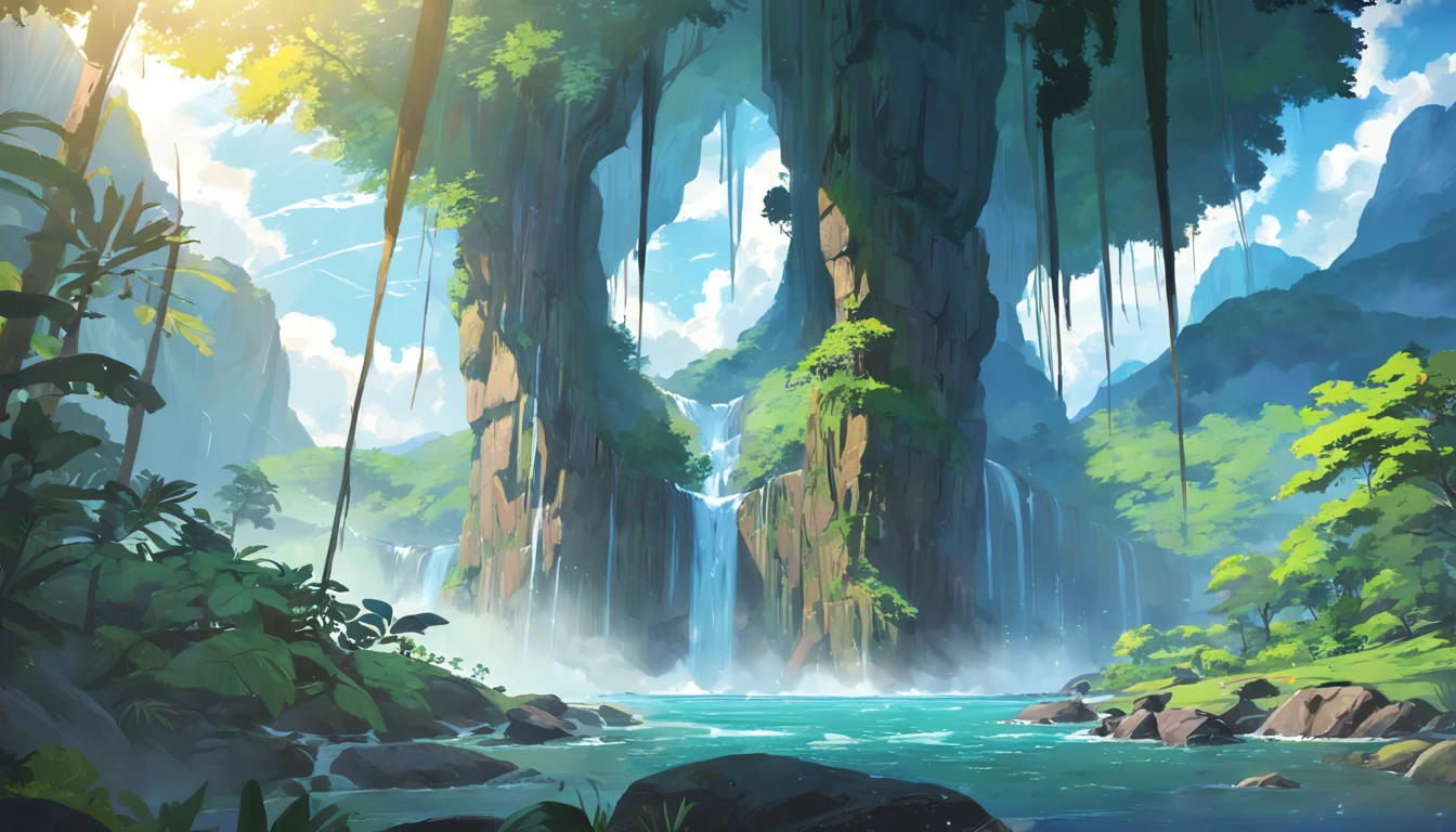 Magnificent landscape of the rainforest,Majestic waterfalls fall among the lush vegetation,Sunlight penetrates the leaves,Colorful birds fly in the sky,Conveys a sense of serenity and renewal,photography of,wide wide shot,A high resolution, ((4K)), best qualtiy:1.2,((Amazing perspective:1.2)),The vast sky,the beautiful skyline,Mysterious forest,Winding country roads,Magnificent mountains,Precipitous cliffs,Intense and dramatic imagery,the moving visual effects,Colorful natural light,short sleeved top,shorter pants,Man carrying a sports backpack,Fantasyart,