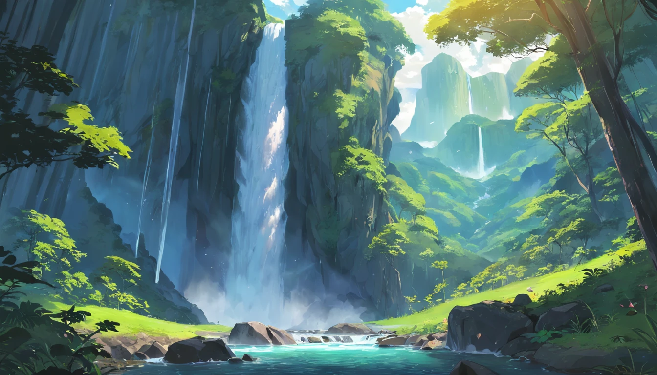 Magnificent landscape of the rainforest，Majestic waterfalls fall among the lush vegetation，Sunlight penetrates the leaves，Colorful birds fly in the sky，Conveys a sense of serenity and renewal，photography of，wide wide shot，A high resolution，  （（4K））， best qualtiy：1.2，（（Amazing perspective：1.2）），The vast sky，the beautiful skyline，Mysterious forest，Winding country roads，Magnificent mountains，Precipitous cliffs，Intense and dramatic imagery，the moving visual effects，Colorful natural light，short sleeved top，shorter pants，Man carrying a sports backpack，Fantasyart，