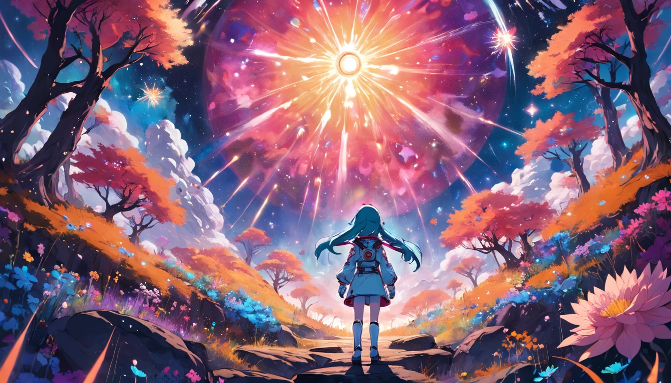 An astronaut stands on an otherworldly planet，Surrounded by a kaleidoscope of bright flowers and enchanting forests. The starry sky overhead is illuminated by strange and colorful lights, creating an ethereal atmosphere，