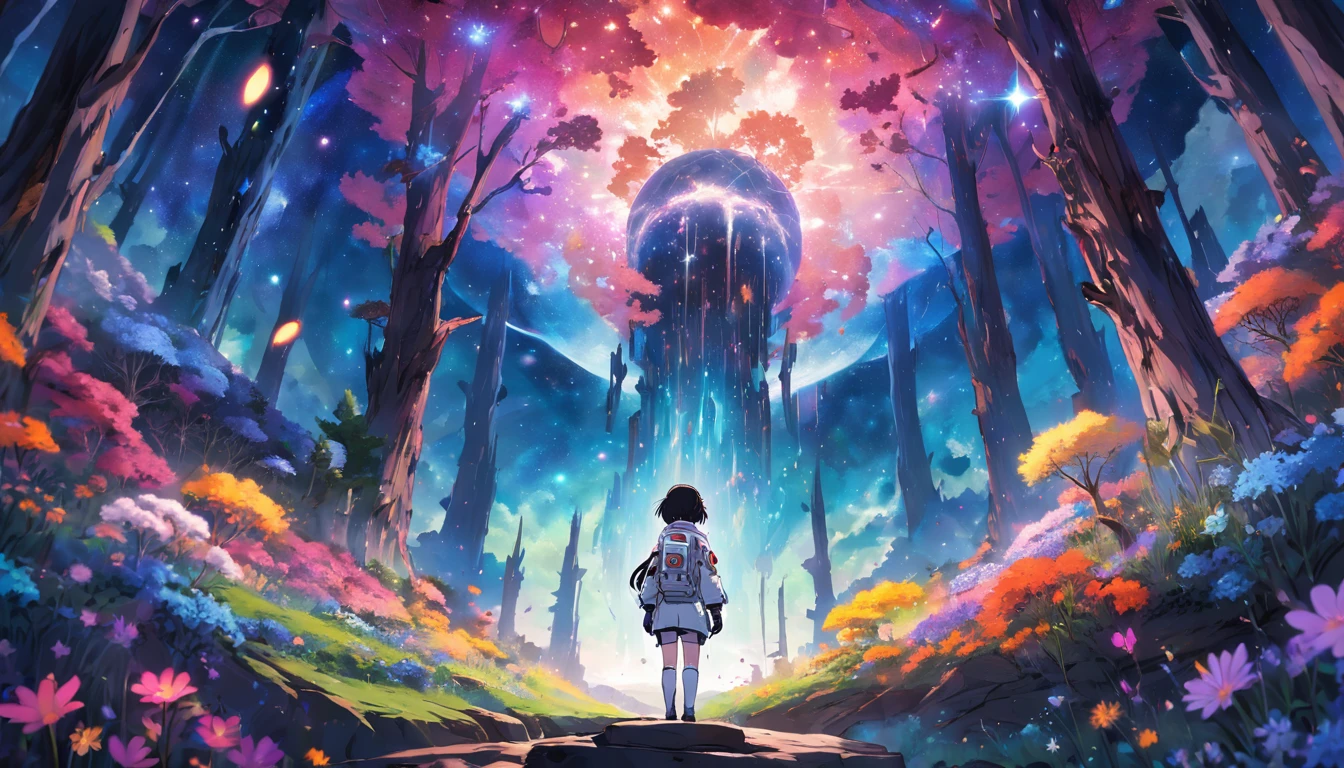 An astronaut stands on an otherworldly planet,Surrounded by a kaleidoscope of bright flowers and enchanting forests. The starry sky overhead is illuminated by strange and colorful lights, creating an ethereal atmosphere,