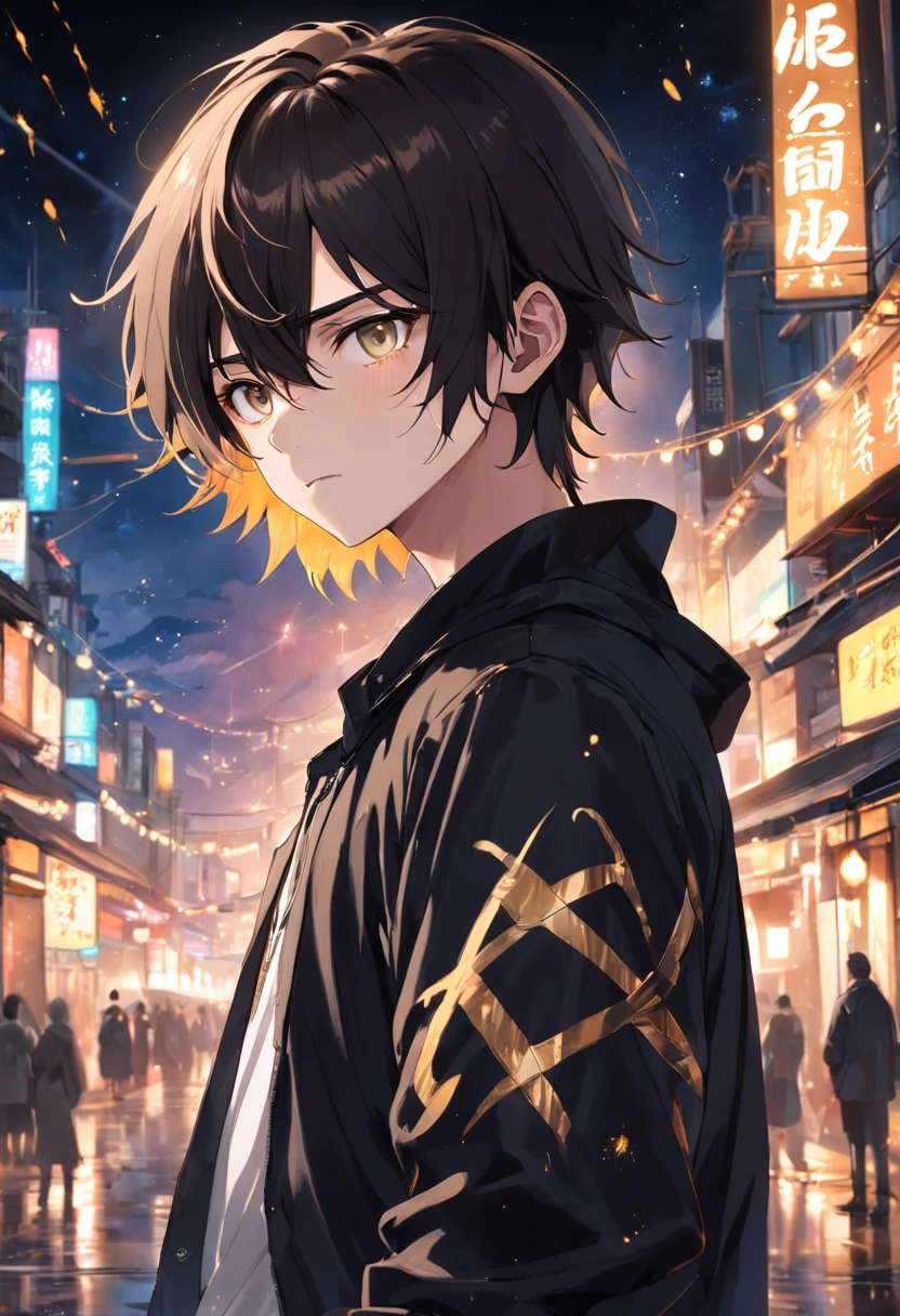 tmasterpiece、pinging、30 age old、brunette color hair、Black jacket with golden pupils、Black pants、White T-Shirts、Send bangs、Stick out your forehead、pinging、Detailed drawing of the eye、A handsome、Inside the city、starrysky、Mystical light、Dramaticlight、film effect、