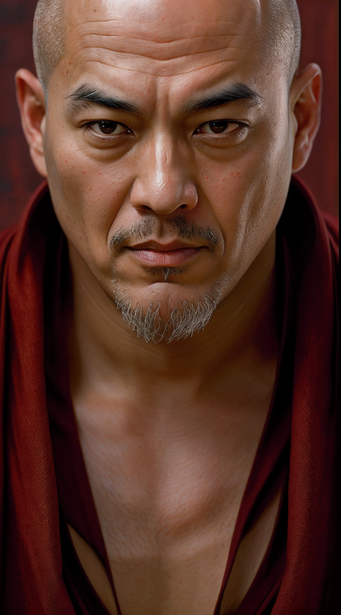 Old monk with a bald head and a red robe looking front, portrait of monk, buddhist monk, high quality portrait, ancient japanese monk, monk, buddhist, ultra detailed portrait, 2 1 st century monk, monk meditate, hyper realistic digital painting, ultra realistic digital painting, portrait shot, realistic portrait photo, concept art of a monk, hyper-detailed portrait