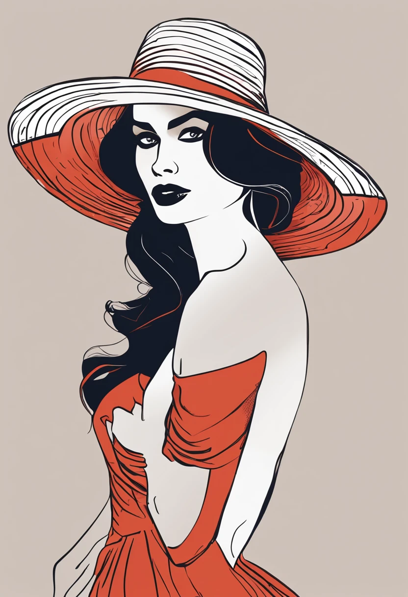 Illustration of a woman in a hat and dress，in a red dress, digital art of an elegant, Elegant woman, Elegant lady, elegant profile pose, Red dress and hat, Wearing an orange sundress, woman with hat, stylized silhouette, Elegant girl, half-turned lady in evening gown, luxury fashion illustration, in style of digital illustration, Woman in dress，solid color backdrop，Multiple postures