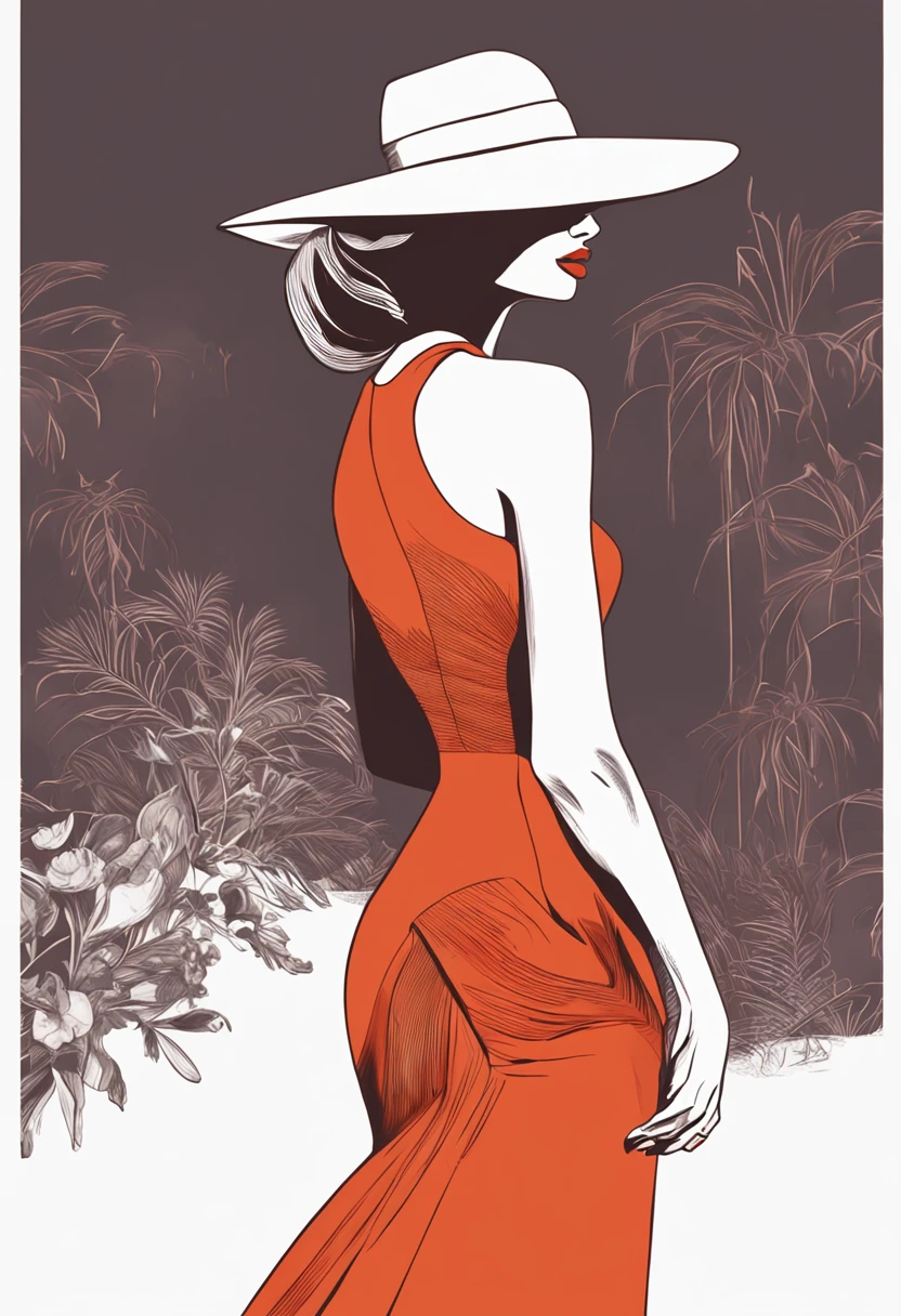 Illustration of a woman in a hat and dress，in a red dress, digital art of an elegant, Elegant woman, Elegant lady, elegant profile pose, Red dress and hat, Wearing an orange sundress, woman with hat, stylized silhouette, Elegant girl, half-turned lady in evening gown, luxury fashion illustration, in style of digital illustration, Woman in dress，solid color backdrop，Multiple postures