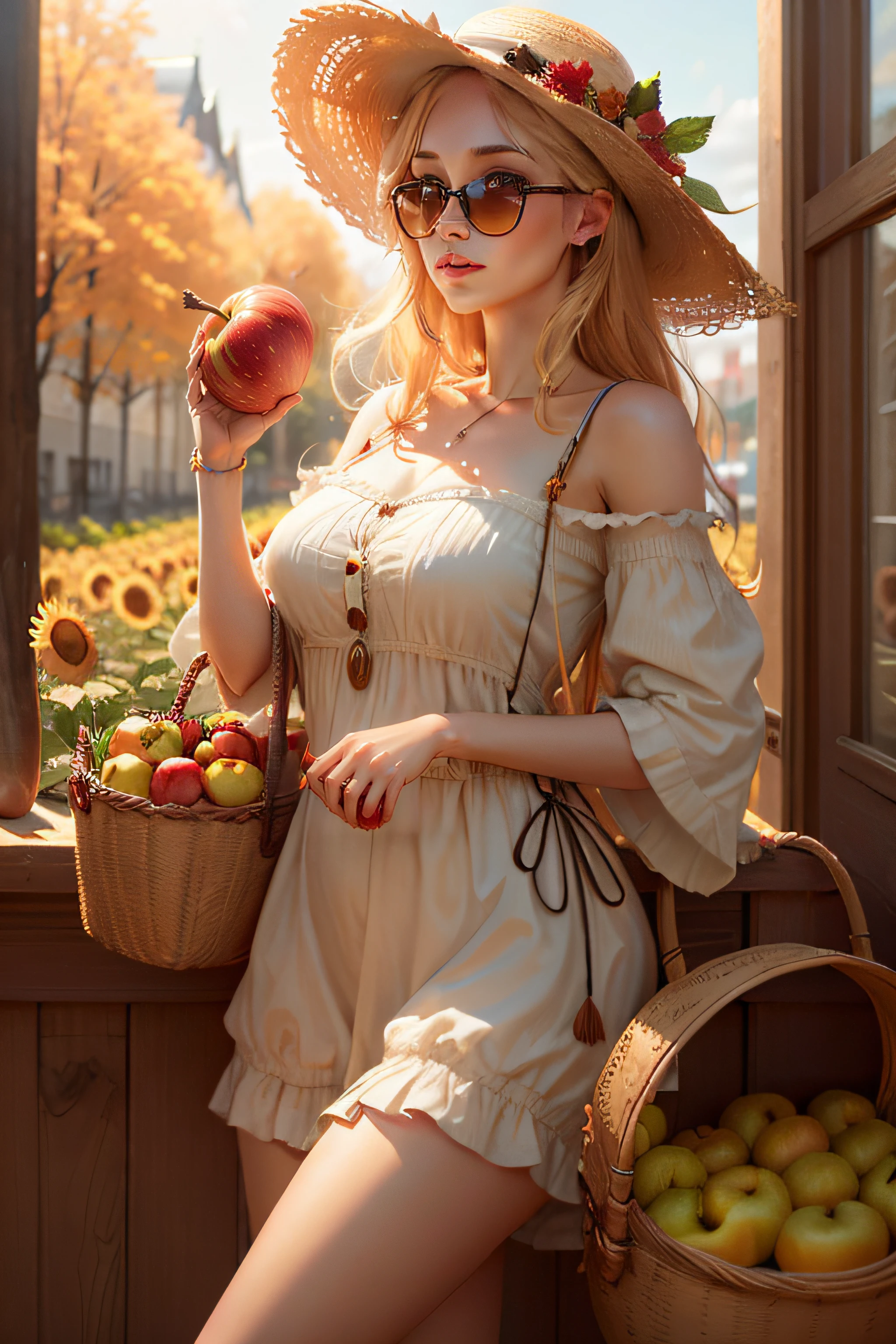 there is a woman with a hat and sunglasses holding an apple and jar of Hunny, beautiful sunflower Swedish girl, the goddess of autumn harvest, masterpiece, 🌺 cgsociety, with straw hat, render of April, adorable digital painting, goddess of autumn, beautiful digital artwork.