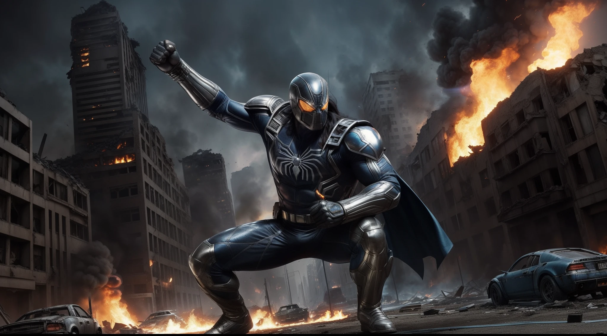 (maximum quality) man (strong superhero), (long black hair), fighting giant arachnids in a destroyed city, (born fighter), (metallic spiders attacking), metallic tech suit with blue and gray details, burning cars on decaying streets, burning buildings, crumbling buildings, shrapnel everywhere