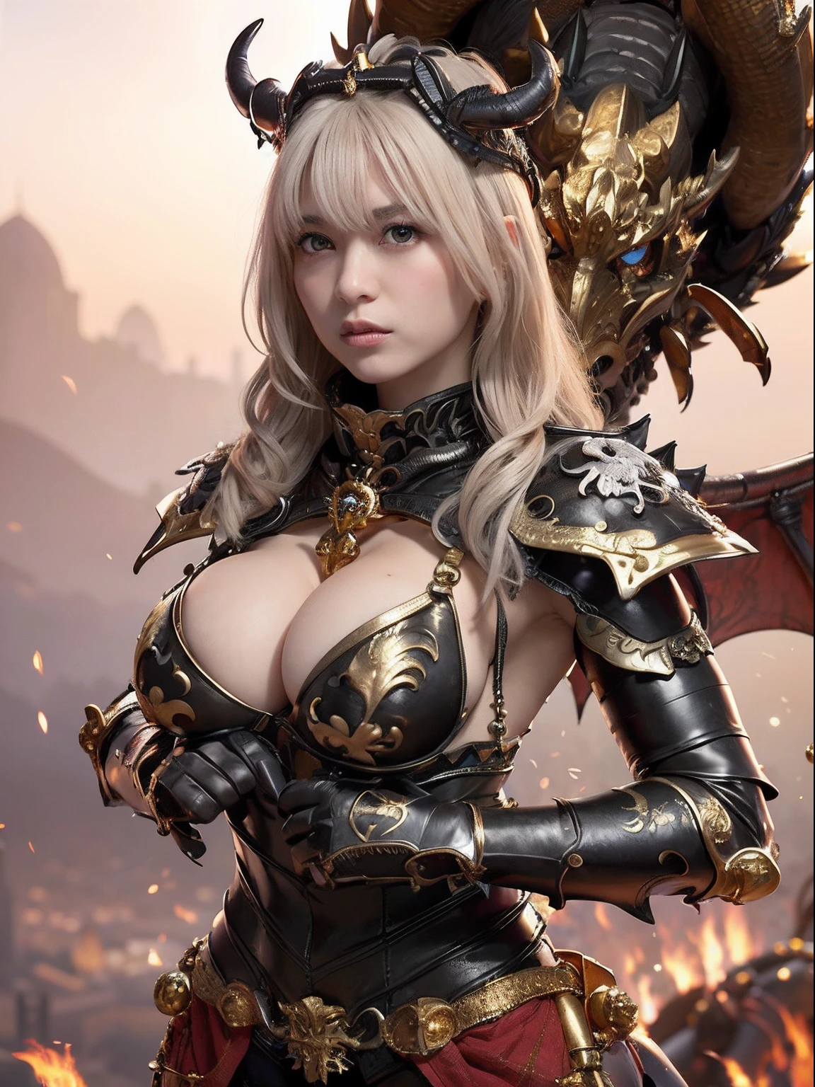 Professional , ​masterpiece、top-quality、photos realistic , depth of fields 、（Dragon Black Metal Body:1.９),(Mattretto、（cleavage of the breast）、Dragon Gold Weapon、（Micro Bikini Armor:1.４),Gorgeous gold weapons ,Particles of light、Particles of light、（（ Dragon's dense and gorgeous sword）） , （demonic wings）、（（a blond））、（Castle background）、Fight dragons、（（Gangle's forest background））、Take intense poses、Beautiful Caucasian beauty、１a person、dynamic ungle,(((Detailed and ornate dragon helmet)))、Smaller head、A smile、Castle background、Thin and beautiful female hands、cleavage of the breast、Soldier in iron armor on background、Mystical expression、Light Effects、intense fighting、Wind-effect、magic circles、With the legendary magic wand、Dragon's tail、explosions、