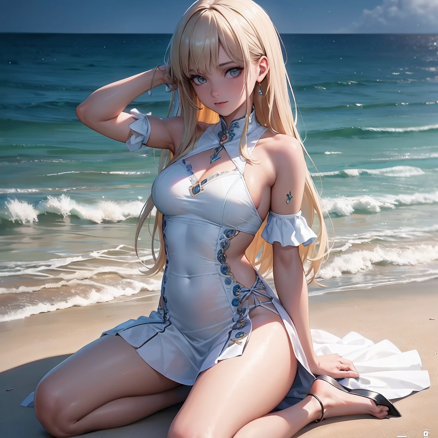 (close-up of painting style, 8K ultra-high definition, masterpiece level long-range CG wallpaper), close-up of the whole body, cute girl wearing a swimsuit (two-dimensional style), sitting on the swimming ring with slender shiny and smooth legs, playing in the sea, her eyes are charming, her body is delicate, her face is smooth as a , blue sky, white clouds, in the sun her cuteness is vividly set off.