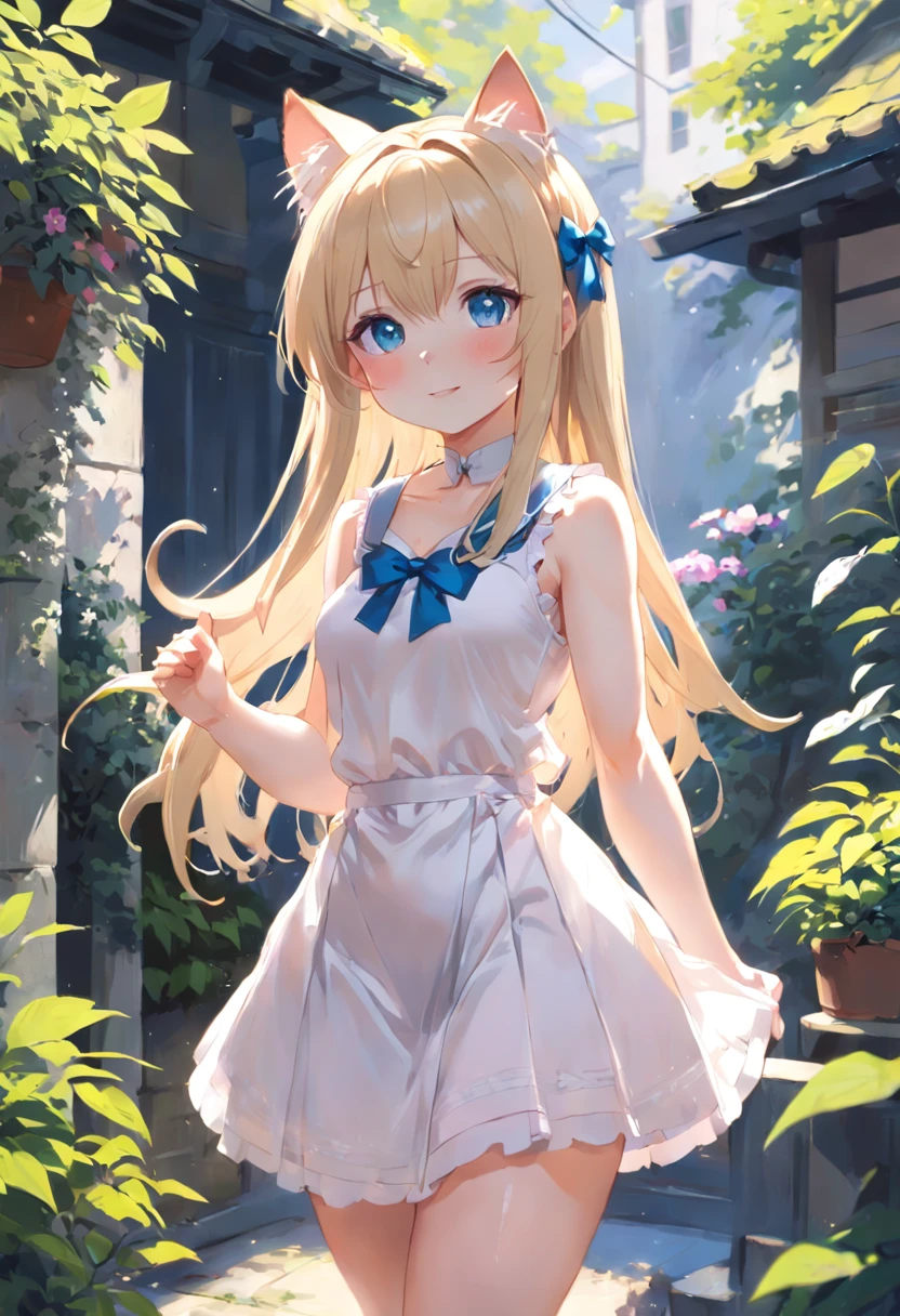 Cat-eared girl in white dress standing in garden, BREAK,Blonde long hair,blue eyes,(((Sleeveless))), Smile mischievously, cleavage of the breast,Pull up your skirt to show your panties,loli in dress, small curvy loli, artwork in the style of guweiz, guweiz on pixiv artstation, guweiz on artstation pixiv, guweiz, small li girl, soft anime illustration, Anime visuals of cute girls, Detailed Digital Anime Art