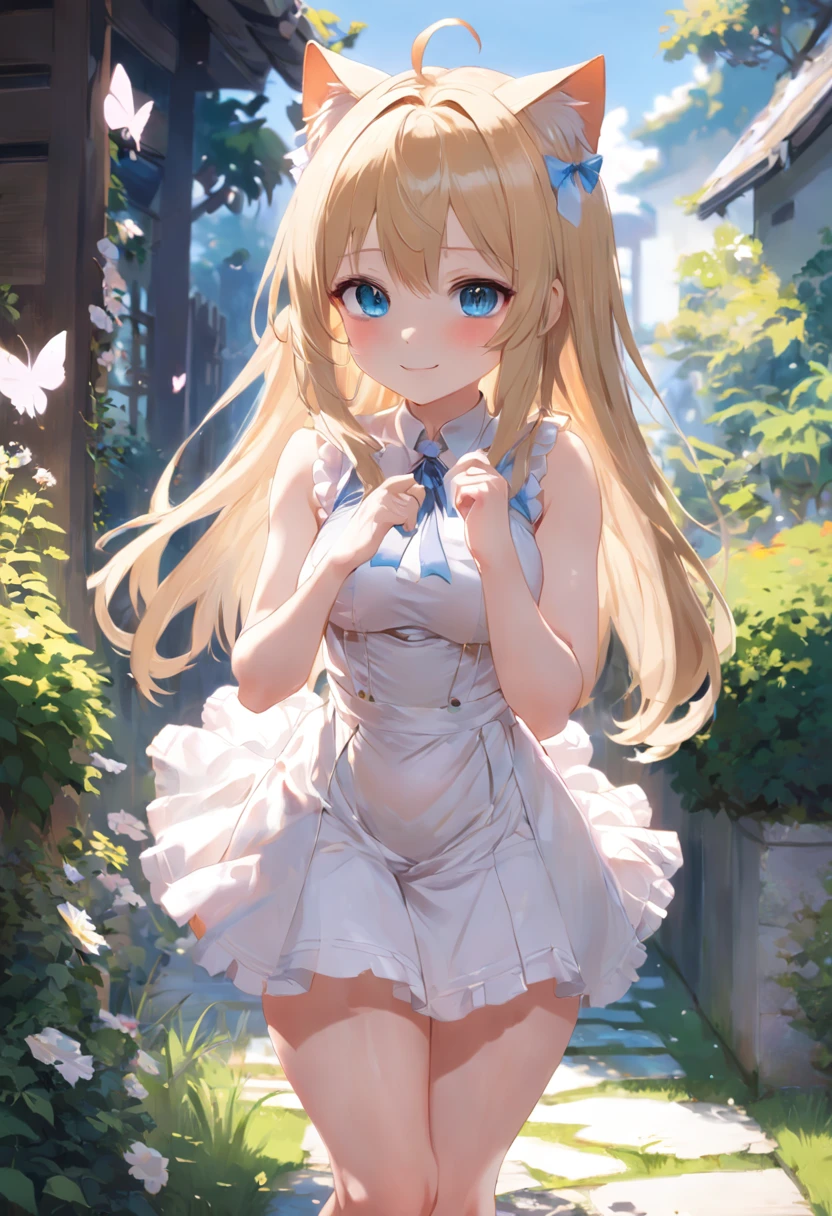 Cat-eared girl in white dress standing in garden, BREAK,Blonde long hair,blue eyes,(((Sleeveless))), Smile mischievously, cleavage of the breast,Pull up your skirt to show your panties,loli in dress, small curvy loli, artwork in the style of guweiz, guweiz on pixiv artstation, guweiz on artstation pixiv, guweiz, small li girl, soft anime illustration, Anime visuals of cute girls, Detailed Digital Anime Art