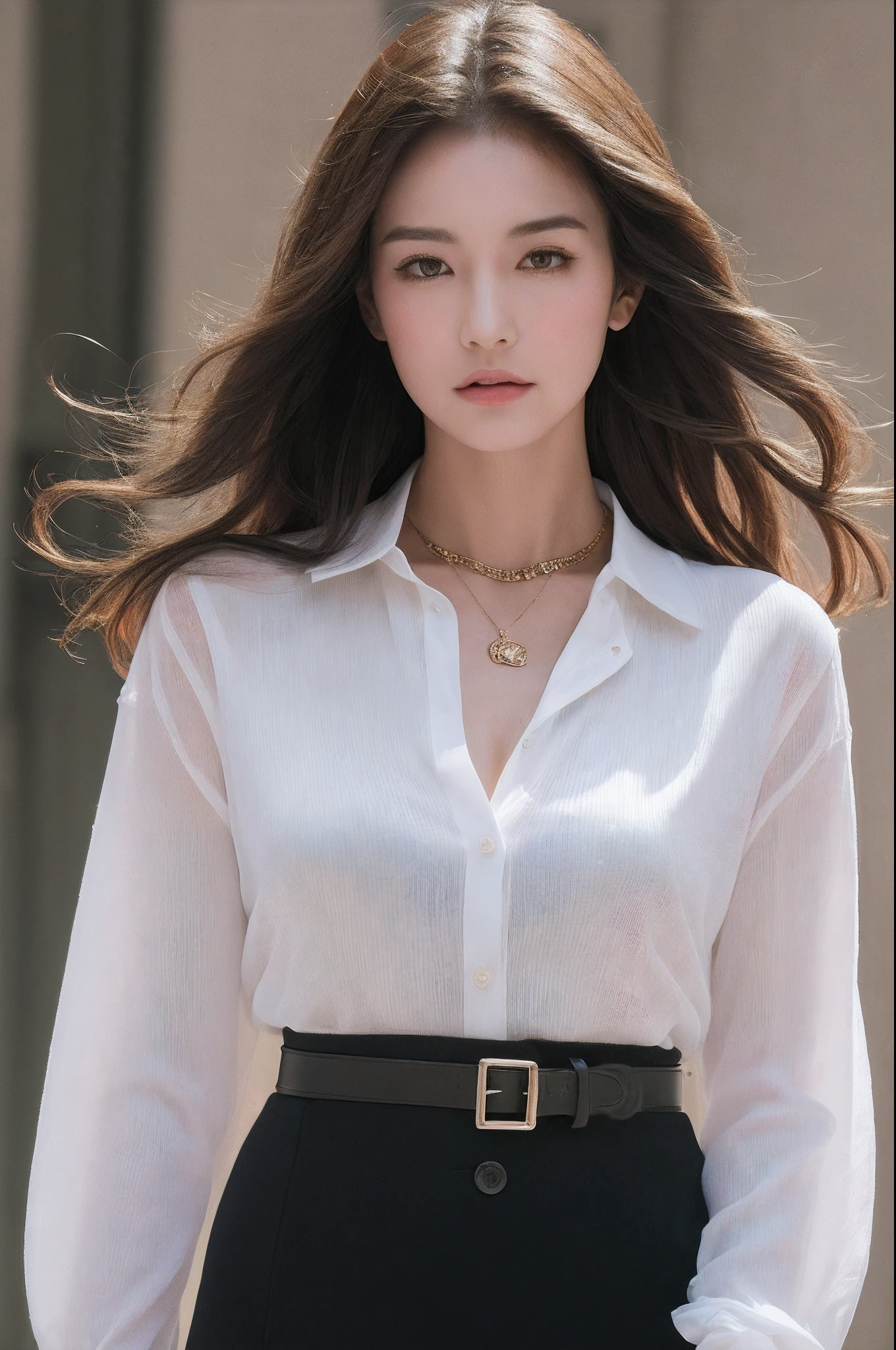 (Best quality, High resolution, Masterpiece :1.3), A tall and pretty woman, Slender abs, Dark brown hair styled in loose waves, Breasts, Wearing pendant, White button up shirt, Belt, Black skirt, (Modern architecture in background), Details exquisitely rendered in the face and skin texture, Detailed eyes, Double eyelid