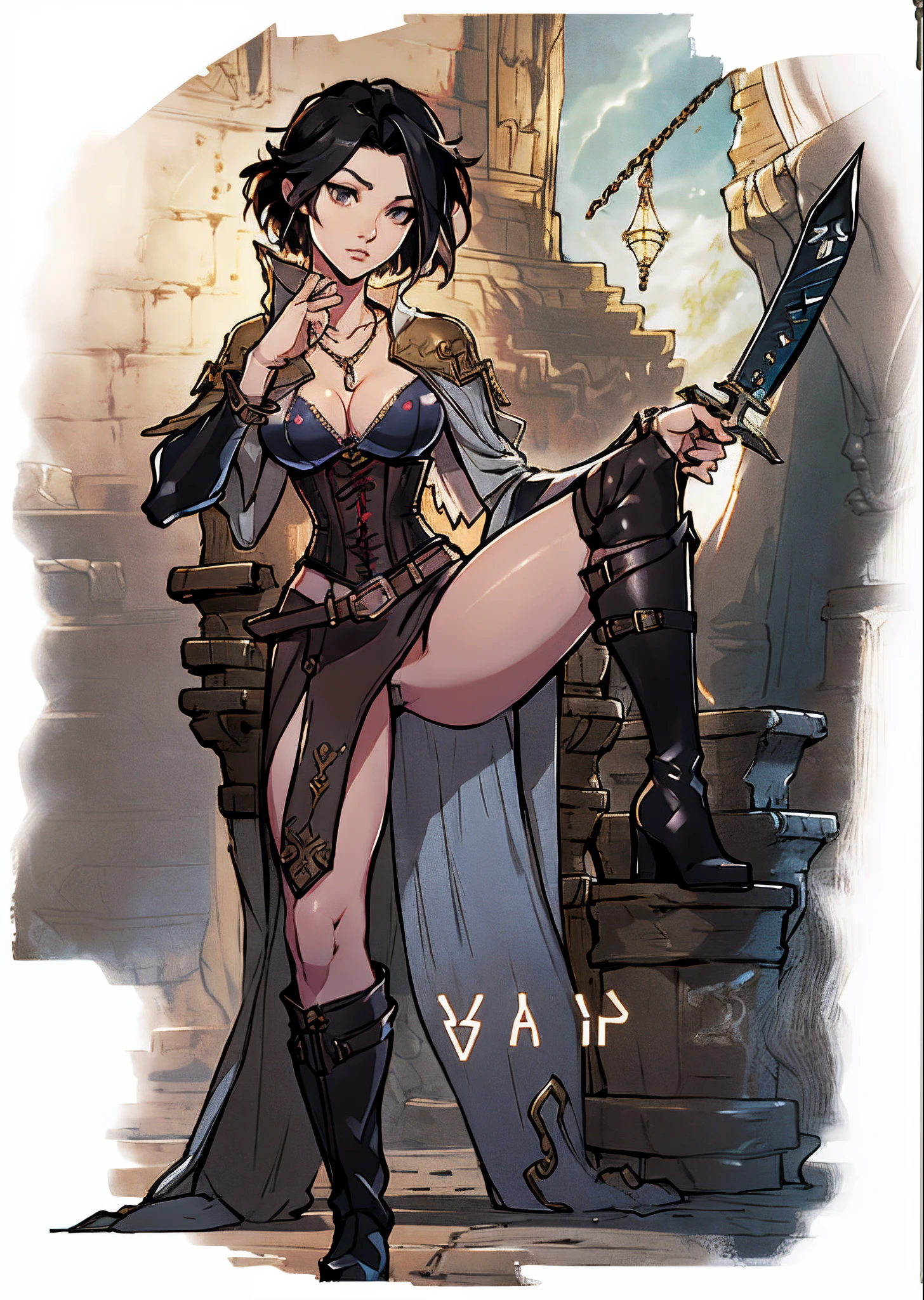 Game Art design, Octopath Traveler 2, 1girl, throne anguis, (solo:1.4), 1girl,  black hair, medium breasts, cleavage, collarbone, corset, dagger, high heel boots, holding dagger, jewelry, knee boots, necklace, poncho short hair, side slit, dynamic pose, extremely detailed face and eyes, absurdes