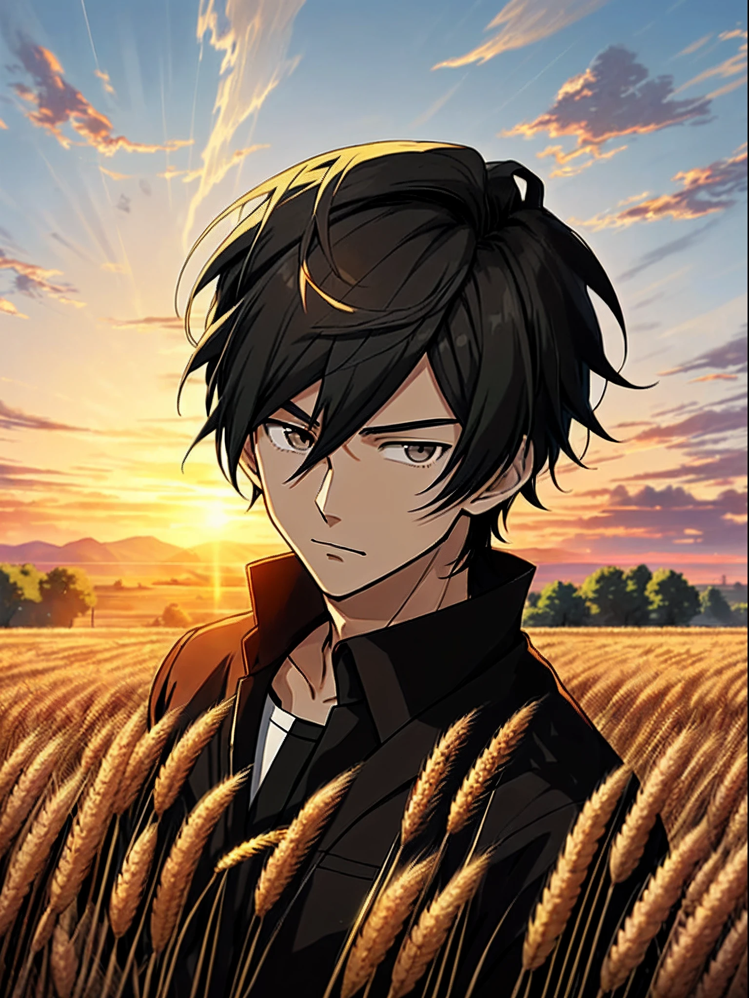 Anime boy in wheat field with sunrise background, Anime handsome man,Black color hair,Black eyes,Blackn clothes, Anime portrait of a handsome man, Official illustration, offcial art, young anime man, Key anime art,