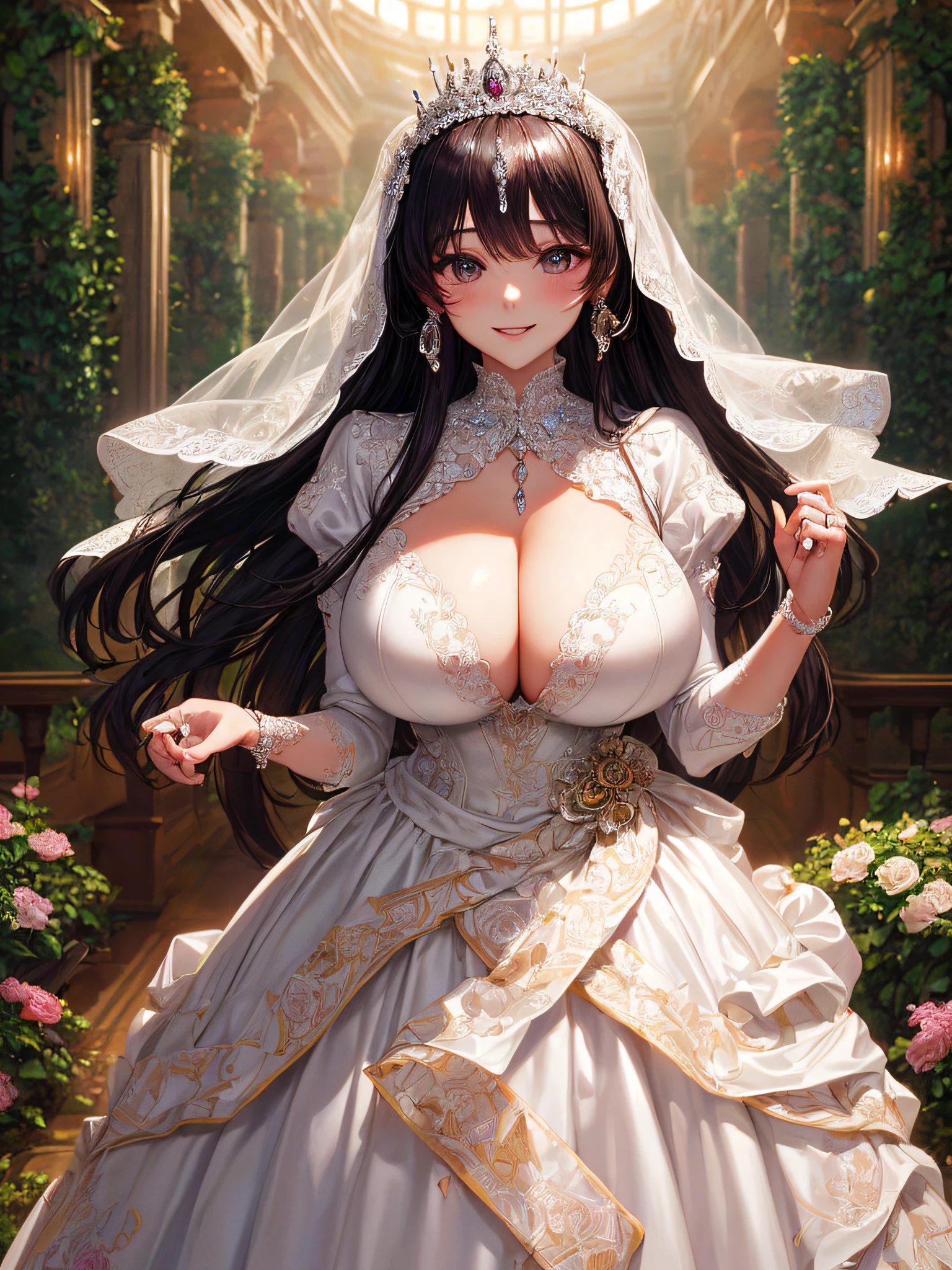 (masterpiece, best quality:1.2),1girl, (solo), cute, kawaii,digital art,((1 princess wearing beautiful embroidery and jeweled gorgeous princess ballgown wedding dress with voluminous full length hoop skirt)),crinoline,((gorgeous embroidery and beautiful lace)),(very gigantic boobs,cleavage,skindentation),((shiny hair,Bangs between eyes,voluminous straight hair,extremely Long straight Hair)),finely detailed face and eye,smile,extremely gorgeousfull jeweled tiara,((bling-bling gorgeous gemstone jewelry)),long wedding veil,((standing in beautiful garden)),flowers,flower petals flowing,((beautiful embroidery and jeweled gorgeous princess ballgown wedding dress with voluminous full length hoop skirt))
