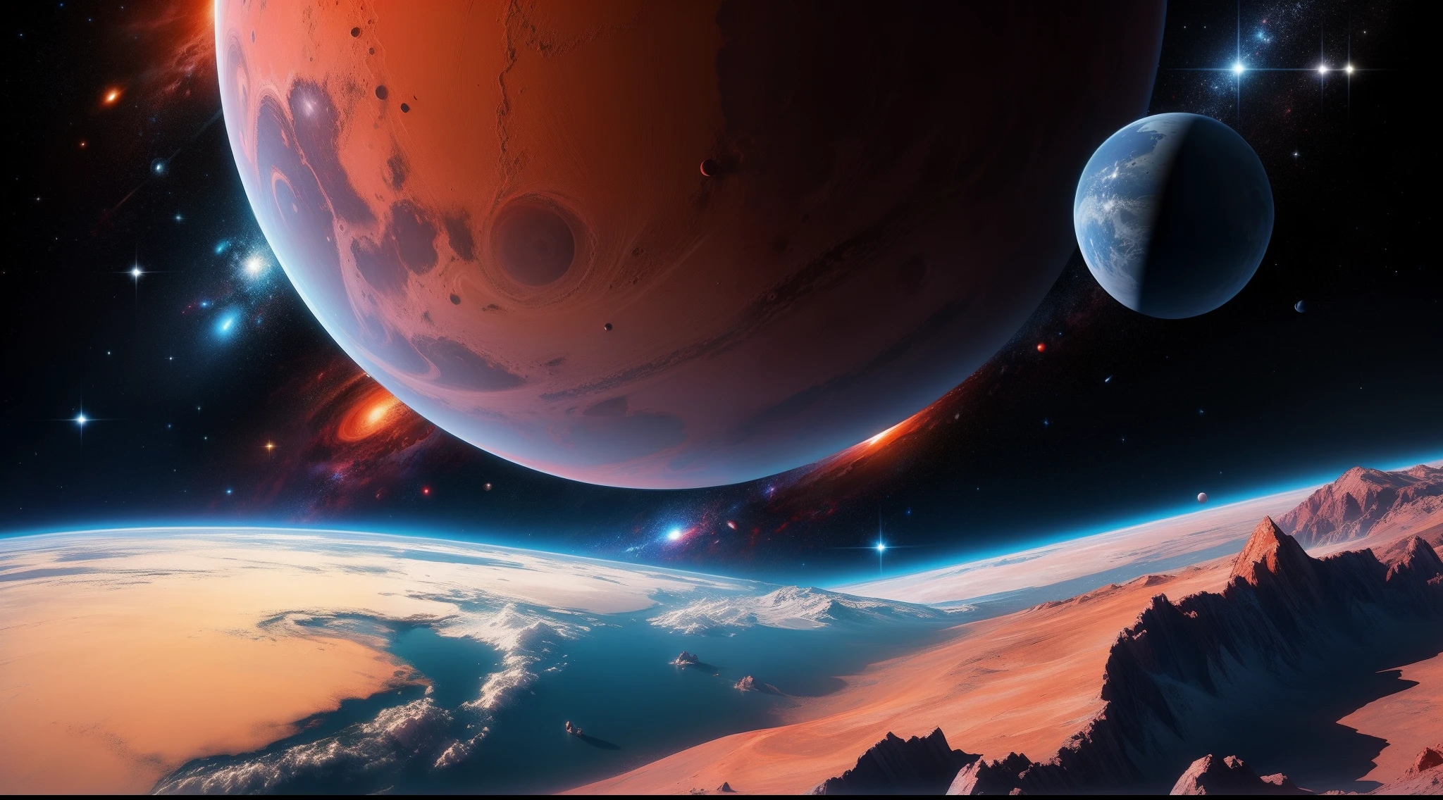 Red planet revolving around another colorful planet in space with multiple galaxies