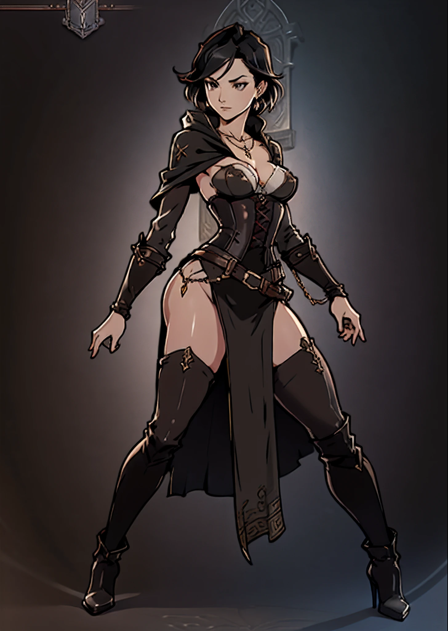 Game Art design, Octopath Traveler 2, 1girl, throne anguis, (solo:1.4), 1girl, black hair, medium breasts, cleavage, collarbone, corset, dagger, high heel boots, holding dagger, jewelry, knee boots, necklace, poncho short hair, side slit, dynamic pose, extremely detailed face and eyes, absurdes