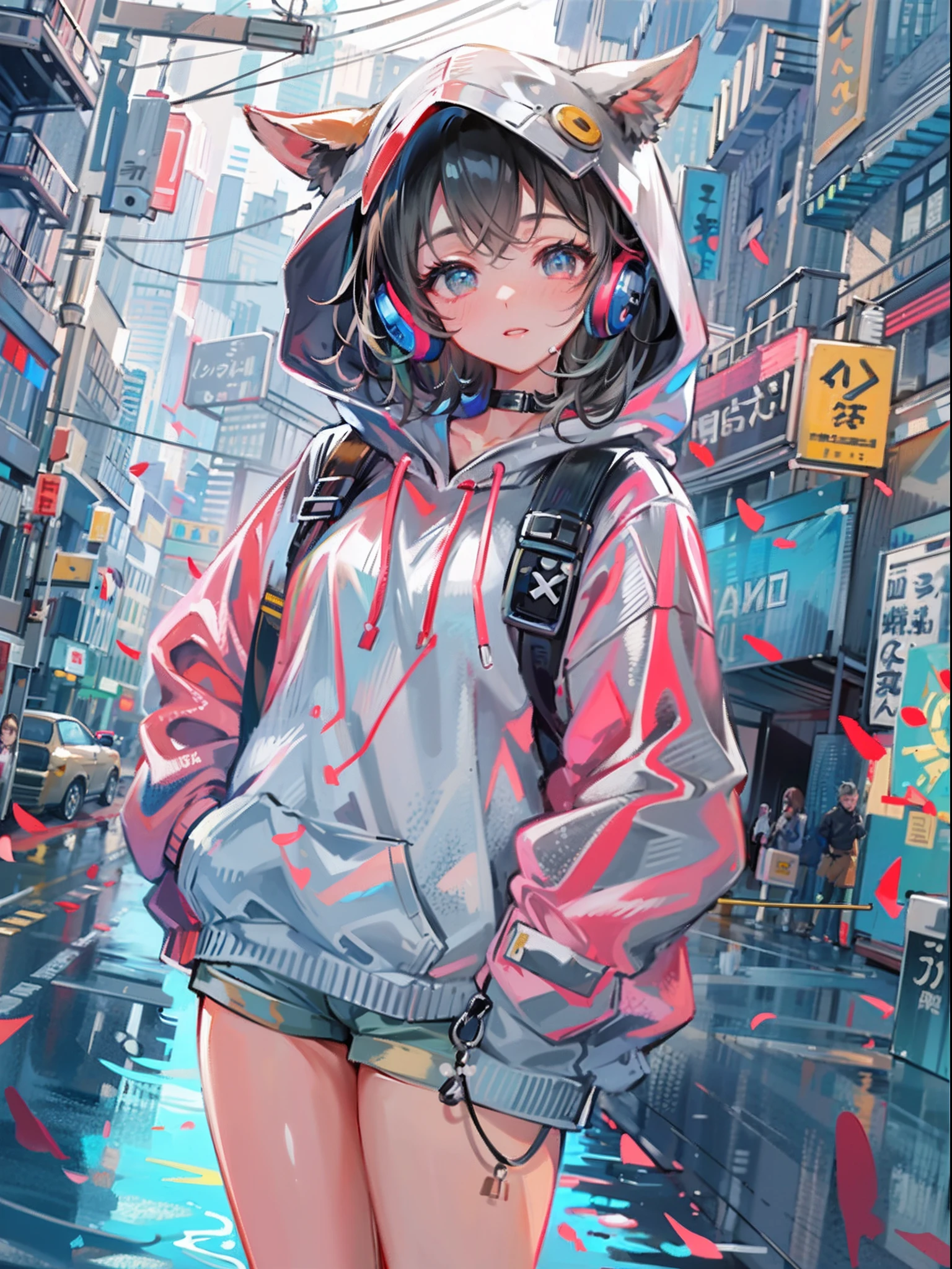 8K分辨率、((top-quality))、((masterpiece))、((ultra-detailliert))、1 woman、独奏、incredibly absurdness、Oversized hoodies、headphones、Street、plein air、Sateen、neons、Shortcut Hair、Brightly colored eyes、Hands in pockets、shortpants、water dripping