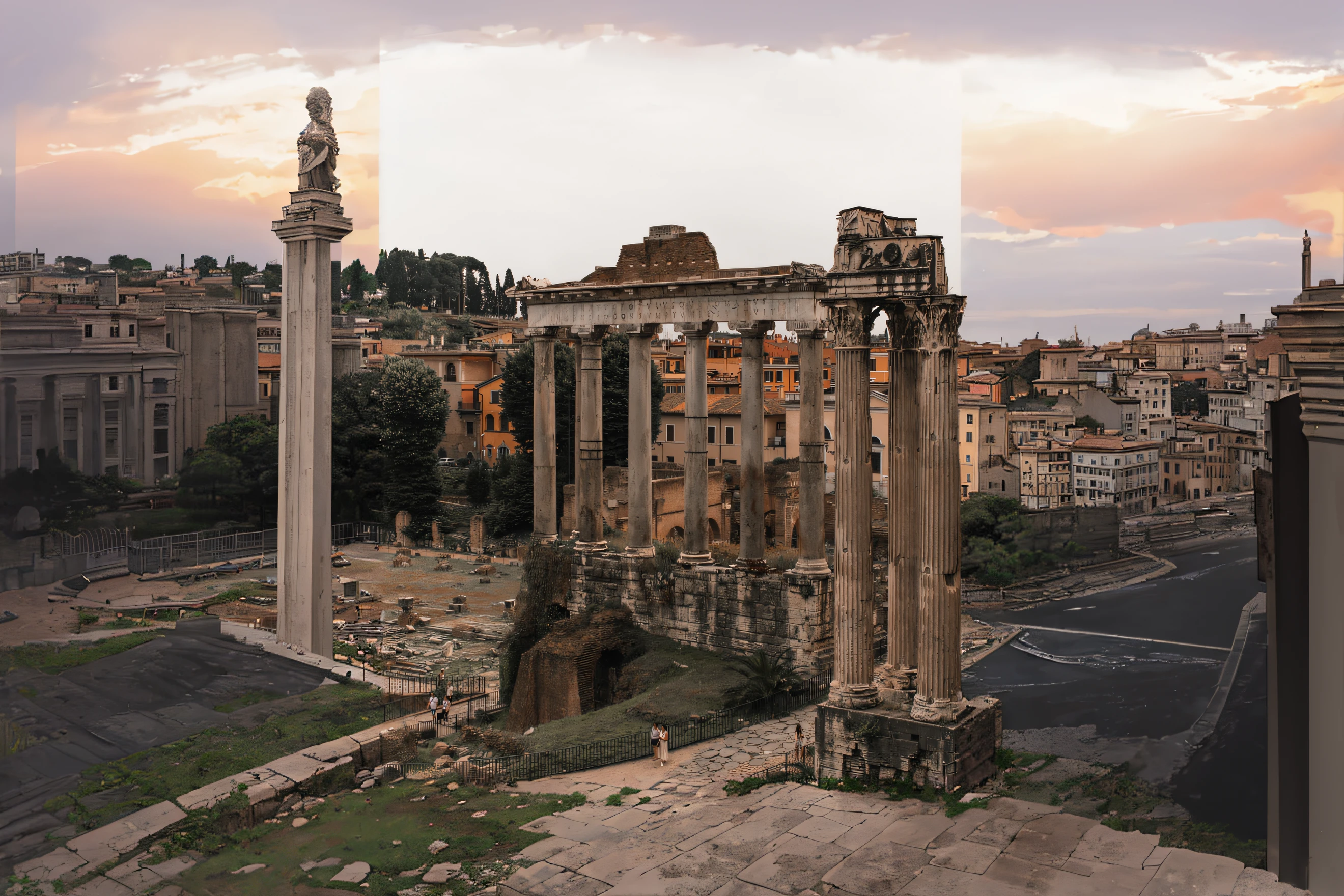 Ararfed view of a Roman ruin with a clock tower, Estilo Romano antigo, Roma, Roma Antiga, arquitetura Romana, in a city with a rich history, ( ( Ruins of Ancient Rome ) ), Estilo Romano antigo, city ruins in the background, Ancient ruins in the background, Ancient Roman setting, Arquitetura Romana surrealista, Monumentos Romanos, Cidade eterna, Roma