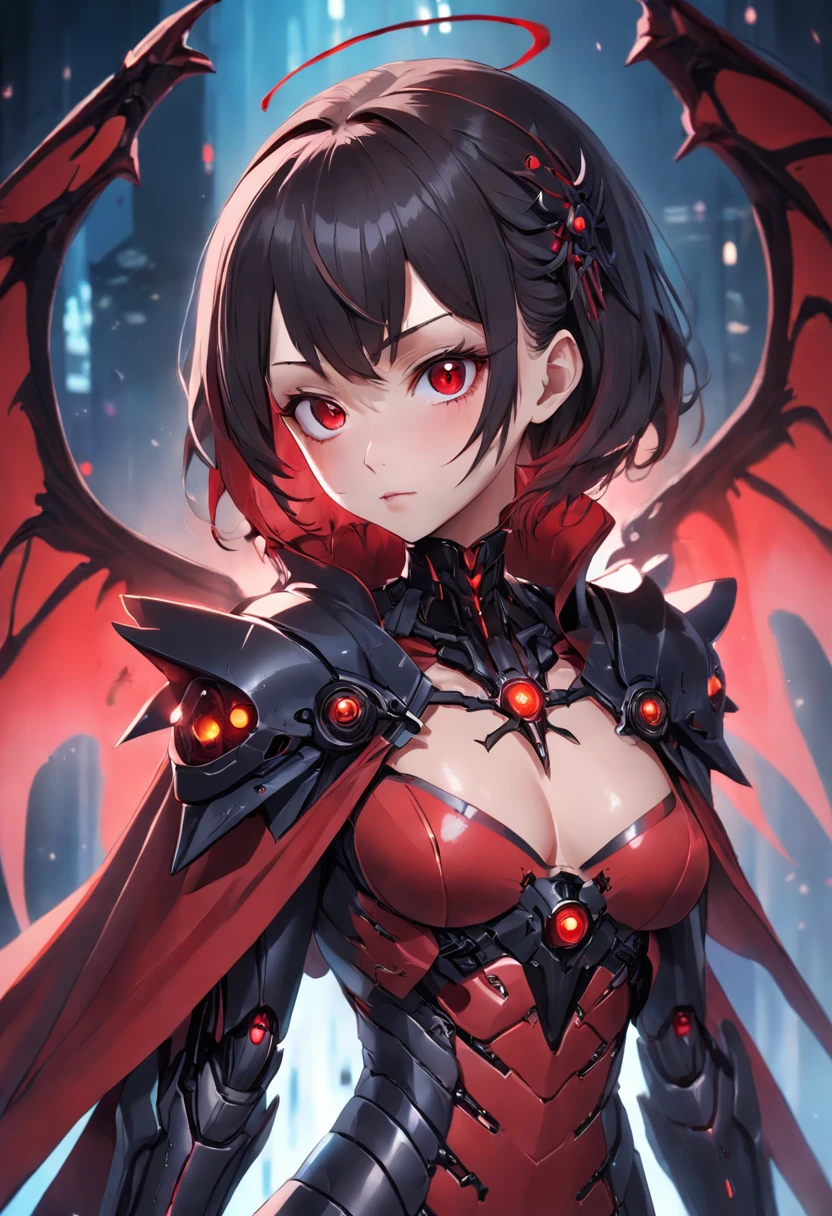 (photorealistic:1.3),(hyperrealistic:1.3), masterpiece, highly detailed, best quality, (beautiful and clear background:1.2), detailed background, beautiful (female:1.4) vamptech cyborg robot wearing (black red robe:1.4) (black red cape:1.2), Seraphim wings, vampiric gothic horror, fcPortrait,  illustration, cinematic lighting,