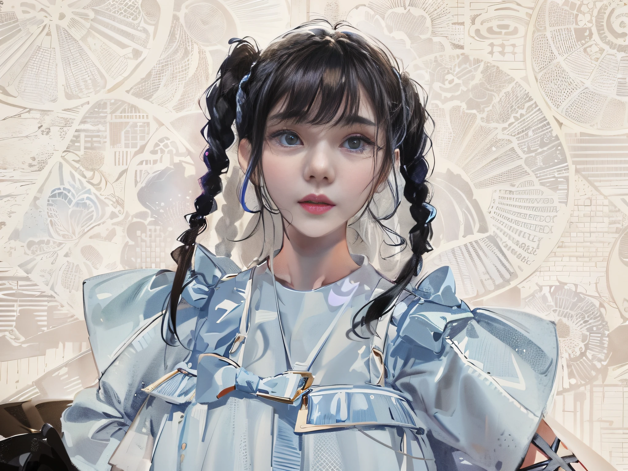 A young girl with long hair in a blue dress, braid hairstyle, Twin tail hairstyle, two pigtails hairstyle, with black pigtails, braidedhair, e - girl, E-Girl, short pigtails hair, double tails, Pigtail, pigtails, ulzzangs, kawaii hair style, white hime cut hairstyle, Blue hair with two long braids