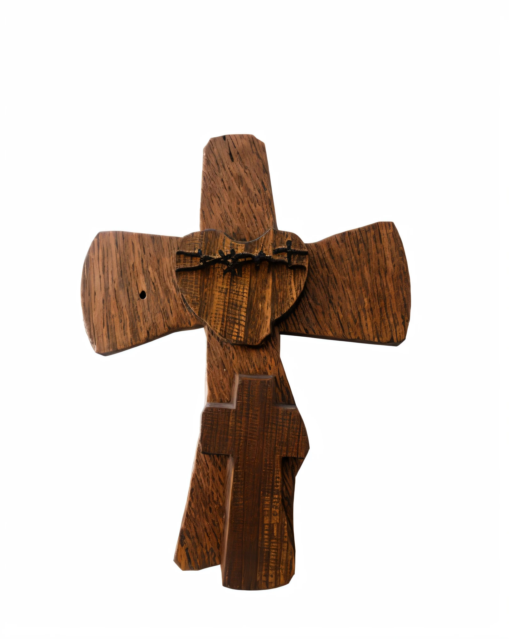 There is a wooden cross with a crown of thorns on it, Crucifixo, Jesus na Cruz, visto de cima, vista acima, Vista lateral acima, esculpido em madeira, Jesus na Cruz, Bottom view, com madeira detalhada, usando cruz no manto, Cruzes, feito de madeira, Jesus Cristo na Cruz, 4k