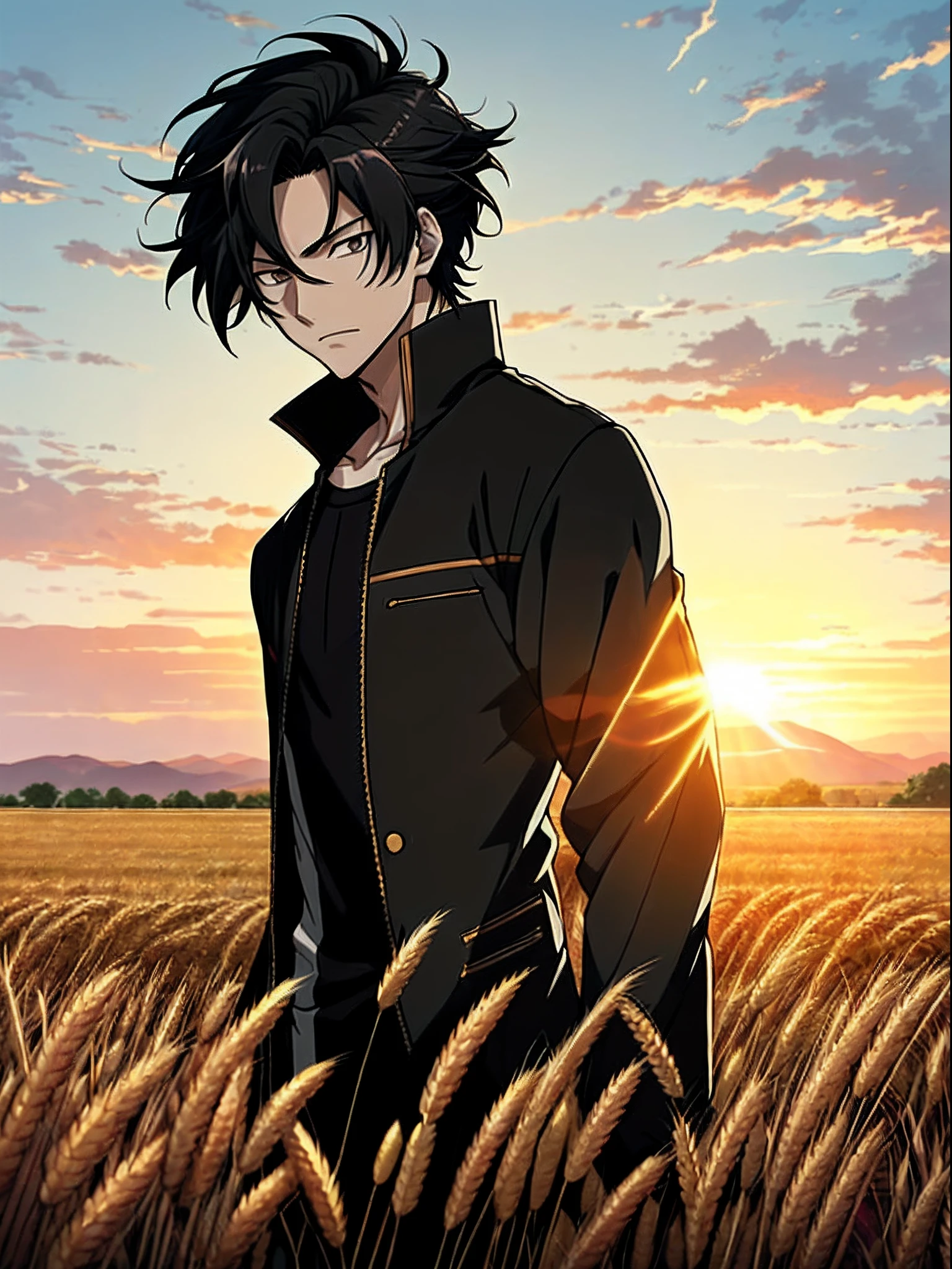Anime boy in wheat field with sunrise background, Anime handsome man,Black color hair,Black eyes,Blackn clothes, Anime portrait of a handsome man, Official illustration, offcial art, young anime man, Key anime art,
