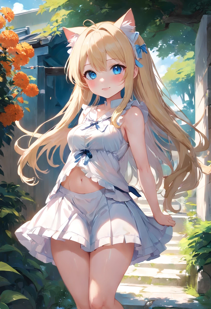 Cat-eared girl in white dress standing in garden, BREAK，Blonde long hair，blue eyes，(((Sleeveless))), smiling mischievously, cleavage of the breast，((Pull up your skirt to show your panties))，loli in dress, small curvy loli, (Chibi:1.3), artwork in the style of guweiz, guweiz on pixiv artstation, guweiz on artstation pixiv, guweiz, small loli girl, soft anime illustration, Anime visuals of cute girls, Detailed Digital Anime Art