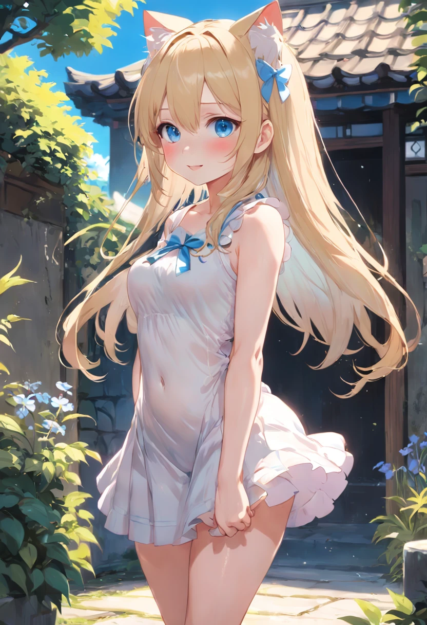 (high quality, High resolution, Very detailed, reality:1.37), Peaceful atmosphere, (Outdoor, garden), 5 year old girl standing alone, (my breasts are small.), Beautiful details, Cute Smile, (Long blonde hair), ((White Sheer Camisole Dress)), White socks, White high heels、White Hat.Browsing Caution、((See-through breasts))、((The crotch is visible))No pants((naked))