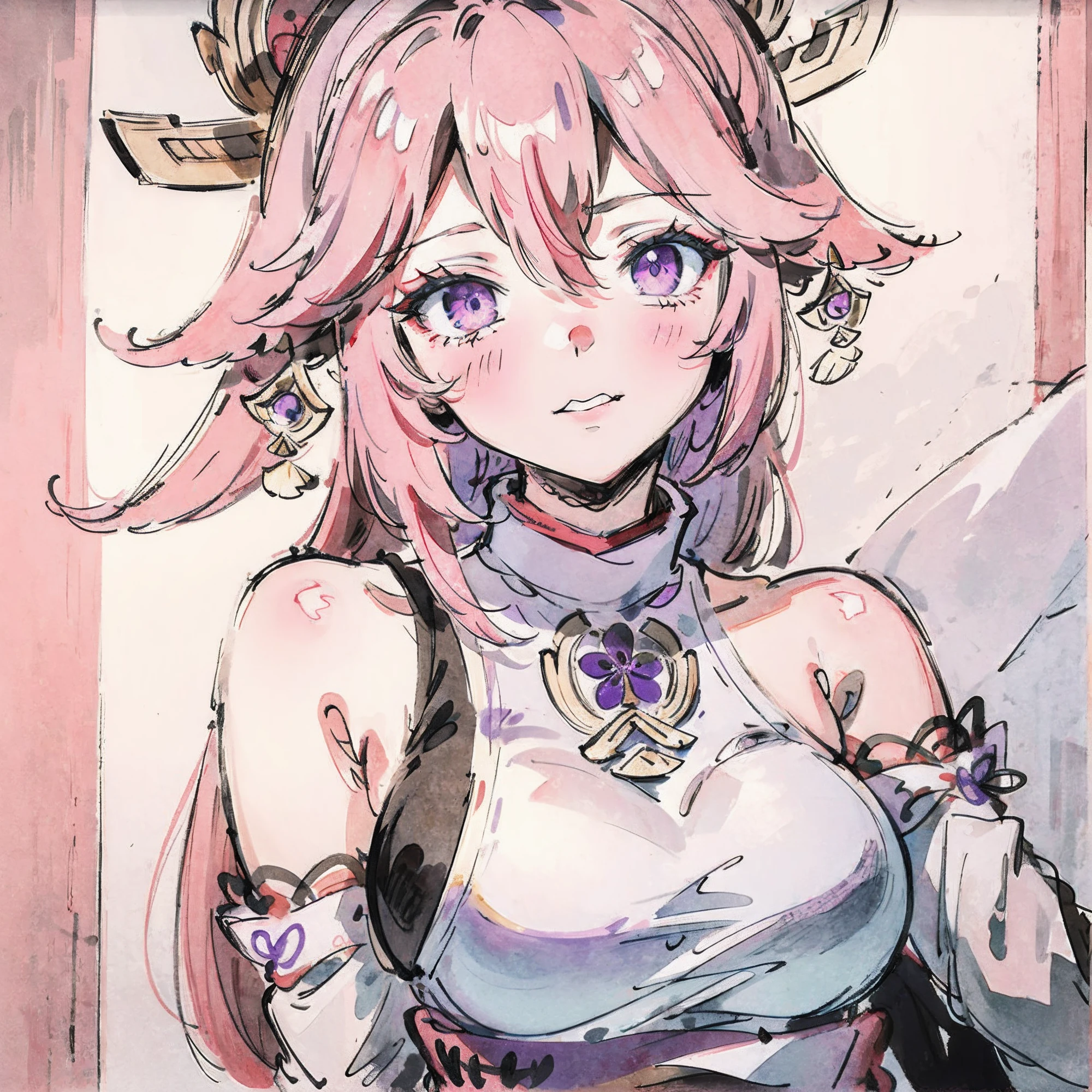 (tmasterpiece,best qualtiy:1.2),((Tradition Chinese Ink Painting)),Pink hair,Purple eye,Yae Miko,Exquisite facial features,High quality,8K wallpaper,Beautiful girl,More details about the eyes,Baby face,upper body,thin