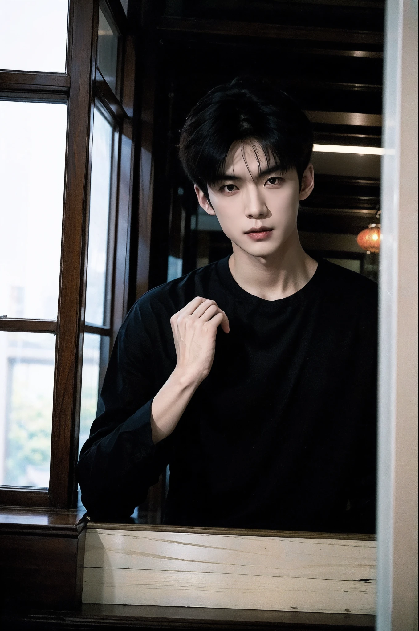 （Handsome Chinese guy：1.5）By the window，Hand by the window，high high quality，Realiy，Wear a black shirt，Look directly into the lens，a sense of atmosphere，zexi