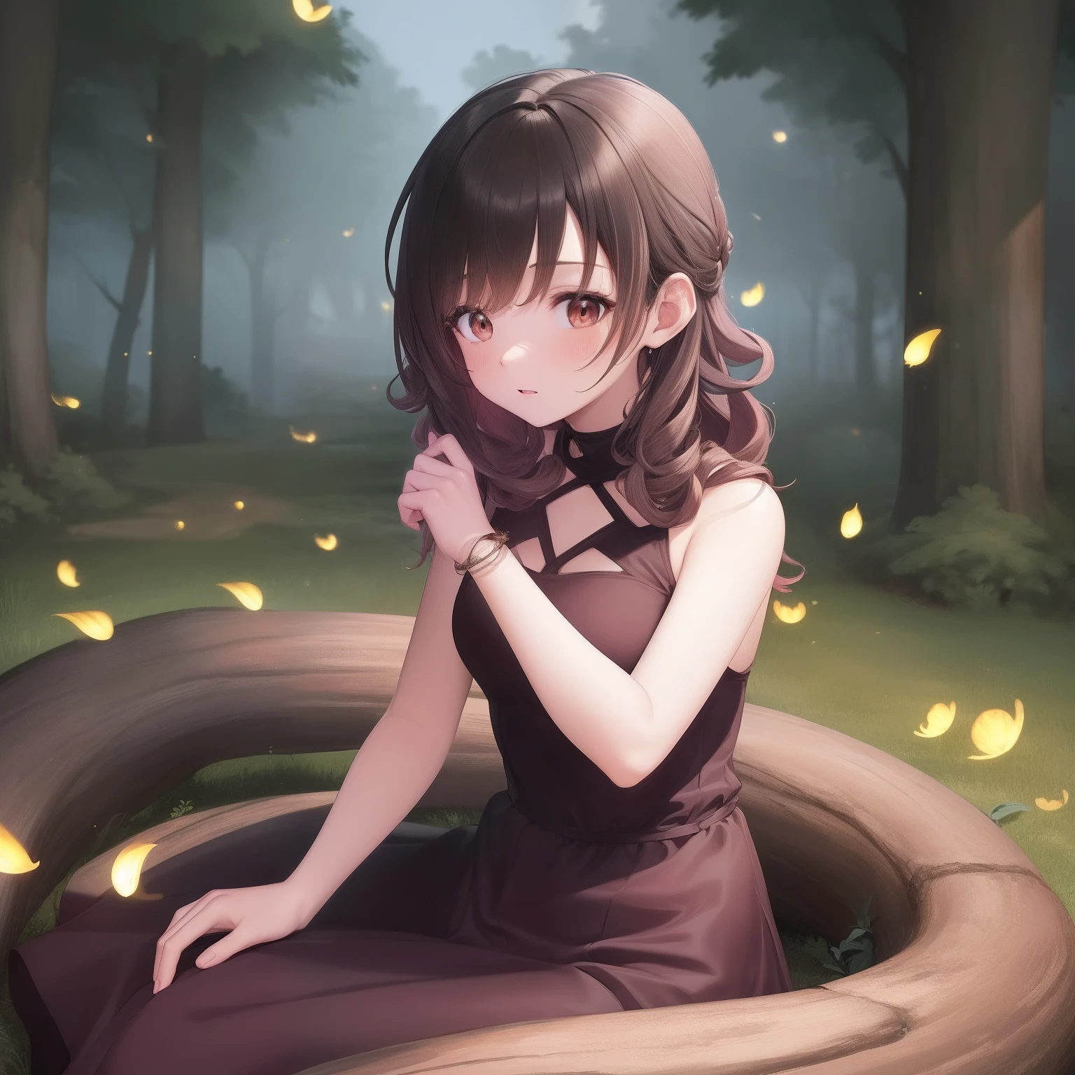 girl, white skin, (very curly hair), hair curly to the roots, 3b hair, sitting on a log, dark forest, brown eyes, lots of fireflies, black hair, , (tight pink dress),(very high quality ), neon lighting, closeup, pink and black tones