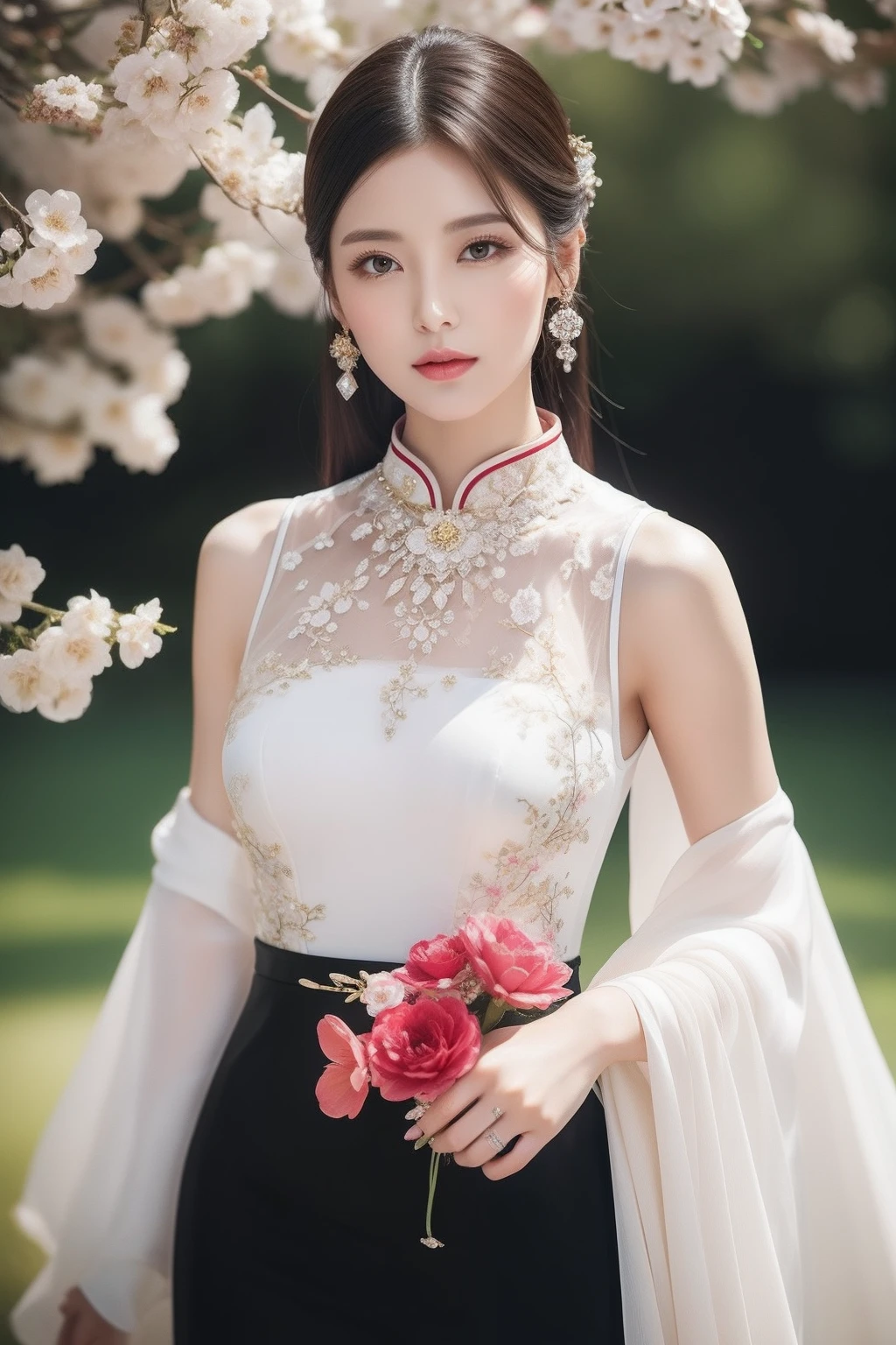 (8k，Very detailed face 1.2，Very detailed clothing details 1.9，High resolution intricately details，动态照明，poster for，Photography-grade art)
Queen of the Republic of China cheongsam temperament，Her graceful posture exudes a proud temperament。She was dressed in a gorgeous cheongsam，Delicate silk follows her graceful curves，Reveal her confidence in her body。The embroidery details on the cheongsam are delicate and intricate，It shows her nobility and taste。
(The stockings outline her slender and attractive legs，The delicate texture reflects her delicate skin。The color of the stockings was chosen just right，Whether it's elegant black，Or sexy red，All make her legs more charming)
The makeup looks delicate and elegant，A light base to accentuate her fair skin。The rosy lips are as enchanting as cherry blossoms，Shimmering with an alluring sheen。Her slender eyes shone with wisdom，The use of eyeshadow subtly added to her look。
The hairstyle is carefully crafted，Comb your silky hair into a solemn and elegant bun，Embellished with some delicate hair accessories。The delicate hair ornaments shimmered in her dark strands，It adds a touch of luxury and elegance to her overall makeup。
Gorgeous costumes and delicate makeup，She also pays attention to detail。In terms of accessories，She carefully selected a pearl necklace，Adorn the slender neck，Shimmering with nature。The ruby bracelet on your wrist complements the gorgeous diamond ring between your fingers，It shows her attention to detail and taste。