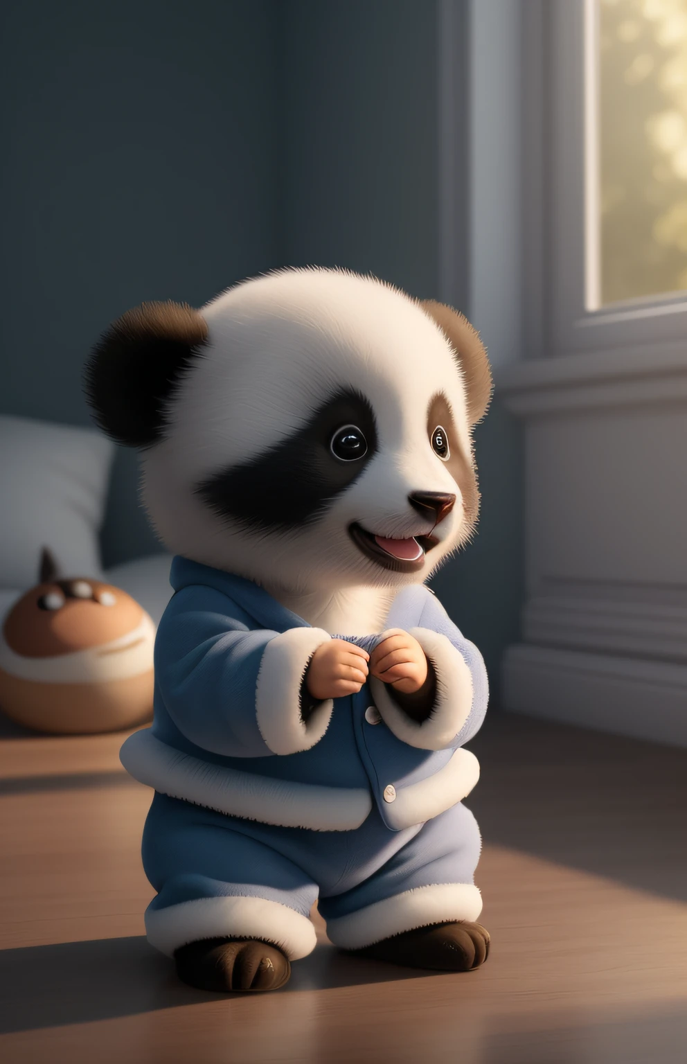 (masterpiece), (best quality), (ultra-detailed), (full body:1.2), Super cute, Baby, Pixar, Baby panda in pajamas, Big bright eyes, Fluffy, Smile, Delicate and fine, Fairy tales, Incredibly high detailed, Pixar style, Bright color palette, Natural light, Simple background with pure color, Octane render, Trending on Artstation, Gorgeous, Ultra wide angle, 8k, HD, Realistic