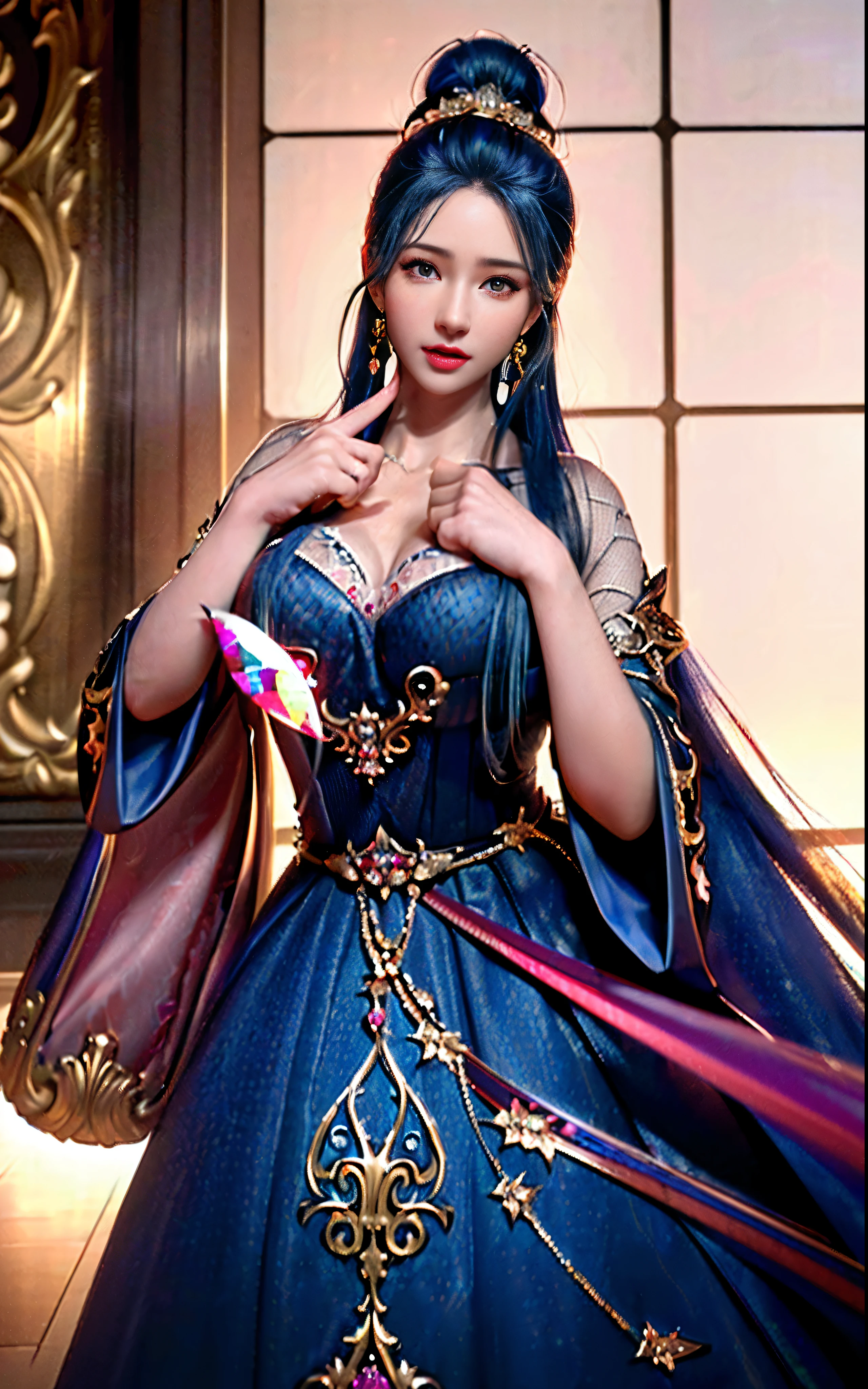 ((realisticity: 1.2)), ((realistic: 8K UHD)), ((best resolution: 8K UHD)), hyper detailed, best quality,masterpiece,highres,cg, ((1 girl hyper detailed and hyper realistic) ) , ((beautiful queen, hyper realistic and hyper detailed)),((white skin, beautiful, smooth, youthful, hyper realistic and hyper detailed )), ((Face hyper beautiful, white, hyper realistic and hyper detailed ) ), long hair, ((hyper realistic and hyper detailed dress)), solo, ((hyper realistic, hyper beautiful, beautiful and hyper detailed jewelry)), ((hyper beautiful deep red and golden yellow dress, hyper realistic and hyper detailed )) , ((Her pretty, hyper realistic, hyper detailed diamond filled earrings)), ((Her gorgeous diamond haircut, hyper realistic and hyper detailed)), ((hyper pretty upper body, hyper beautiful, hyper realistic and hyper detailed) ), ((medium breast: 1.1)), ((hyper realistic, hyper pretty, hyper detailed boobs)), ((the backgroun of the royal palace is hyper majestic, hyper realistic and hyper detailed)),((hands and palms hyper beautiful, hyper detailed, hyper realistic)), ((hyper detailed and hyper realistic fingers and fingernails)), ((hyper pretty fingernails, hyper vivid, hyper detailed, hyper realistic)), ((thumb, index finger, middle finger, ring finger, little finger hyper vivid, hyper pretty, hyper detailed, hyper realistic)),
((hyper beautiful fingers, hyper detailed, and hyper realistic)), ((posture not too fat and not too thin, hyper realistic, hyper detail)), ((hyper pretty, hyper pretty, hyper realistic and hyper detailed hair bun)), ((hyper pretty , hyper realistic and hyper detailed blue hair)), candid, Photo, high resolution, 8k , bokeh,