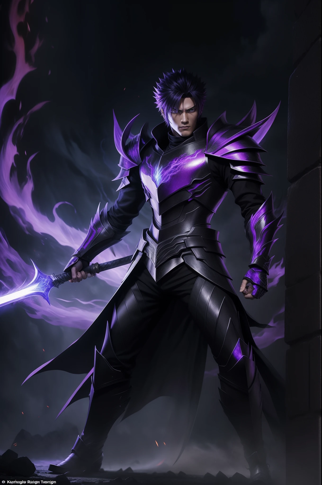 Kurosaki Ichigo full body scene, 20 years old handsome face, cool, flaming eyes, center, full body black armor inspired by dragon scales reflecting hell fire and purple black lightning.