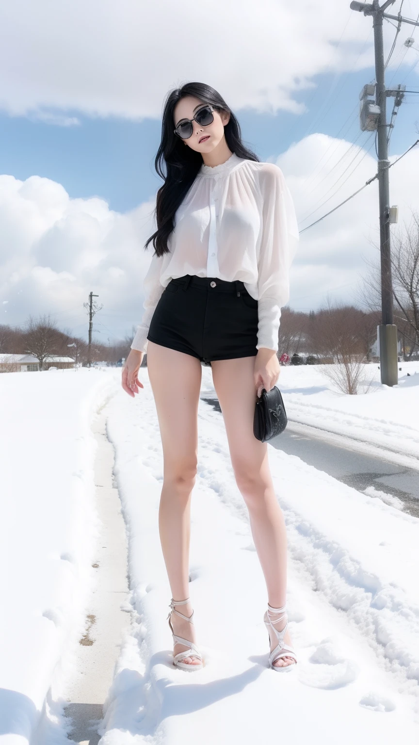 A Japanese Lady、beauitful face、Black sunglasses、Long Black Hair、voluminous hair、White see-through、Micro shorts、beauty legs、Landing、tall、Raw feet、landing、、Black pin heels、Oyuki、snow blowing、snow cover、clouds、Cloudy skies