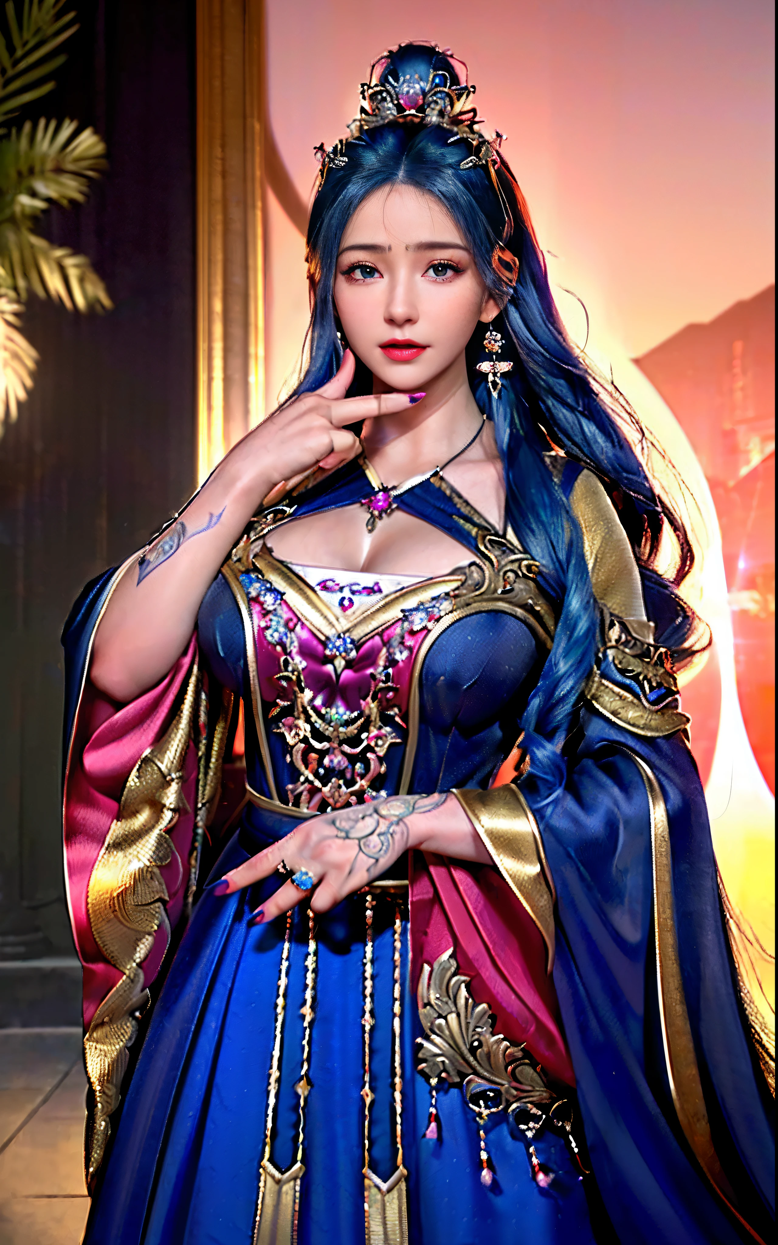((realisticity: 1.2)), ((realistic: 8K UHD)), ((best resolution: 8K UHD)), hyper detailed, best quality,masterpiece,highres,cg, ((1 girl hyper detailed and hyper realistic) ) , ((beautiful queen, hyper realistic and hyper detailed)),((white skin, beautiful, smooth, youthful, hyper realistic and hyper detailed )), ((Face hyper beautiful, white, hyper realistic and hyper detailed ) ), long hair, ((hyper realistic and hyper detailed dress)), solo, ((hyper realistic, hyper beautiful, beautiful and hyper detailed jewelry)), ((hyper beautiful deep red and golden yellow dress, hyper realistic and hyper detailed )) , ((Her pretty, hyper realistic, hyper detailed diamond filled earrings)), ((Her gorgeous diamond haircut, hyper realistic and hyper detailed)), ((hyper pretty upper body, hyper beautiful, hyper realistic and hyper detailed) ), ((medium breast: 1.1)), ((hyper realistic, hyper pretty, hyper detailed boobs)), ((the backgroun of the royal palace is hyper majestic, hyper realistic and hyper detailed)),((hands and palms hyper beautiful, hyper detailed, hyper realistic)), ((hyper detailed and hyper realistic fingers and fingernails)), ((hyper pretty fingernails, hyper vivid, hyper detailed, hyper realistic)), ((thumb, index finger, middle finger, ring finger, little finger hyper vivid, hyper pretty, hyper detailed, hyper realistic)),
((hyper beautiful fingers, hyper detailed, and hyper realistic)), ((posture not too fat and not too thin, hyper realistic, hyper detail)), ((hyper pretty, hyper pretty, hyper realistic and hyper detailed hair bun)), ((hyper pretty , hyper realistic and hyper detailed blue hair)), candid, Photo, high resolution, 8k , bokeh,