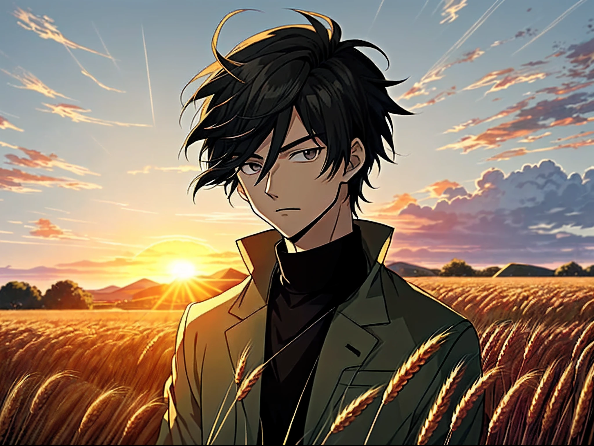 Anime boy in wheat field with sunrise background, Anime handsome man,Black color hair,Black eyes,Blackn clothes, Anime portrait of a handsome man, Official illustration, offcial art, young anime man, Key anime art,