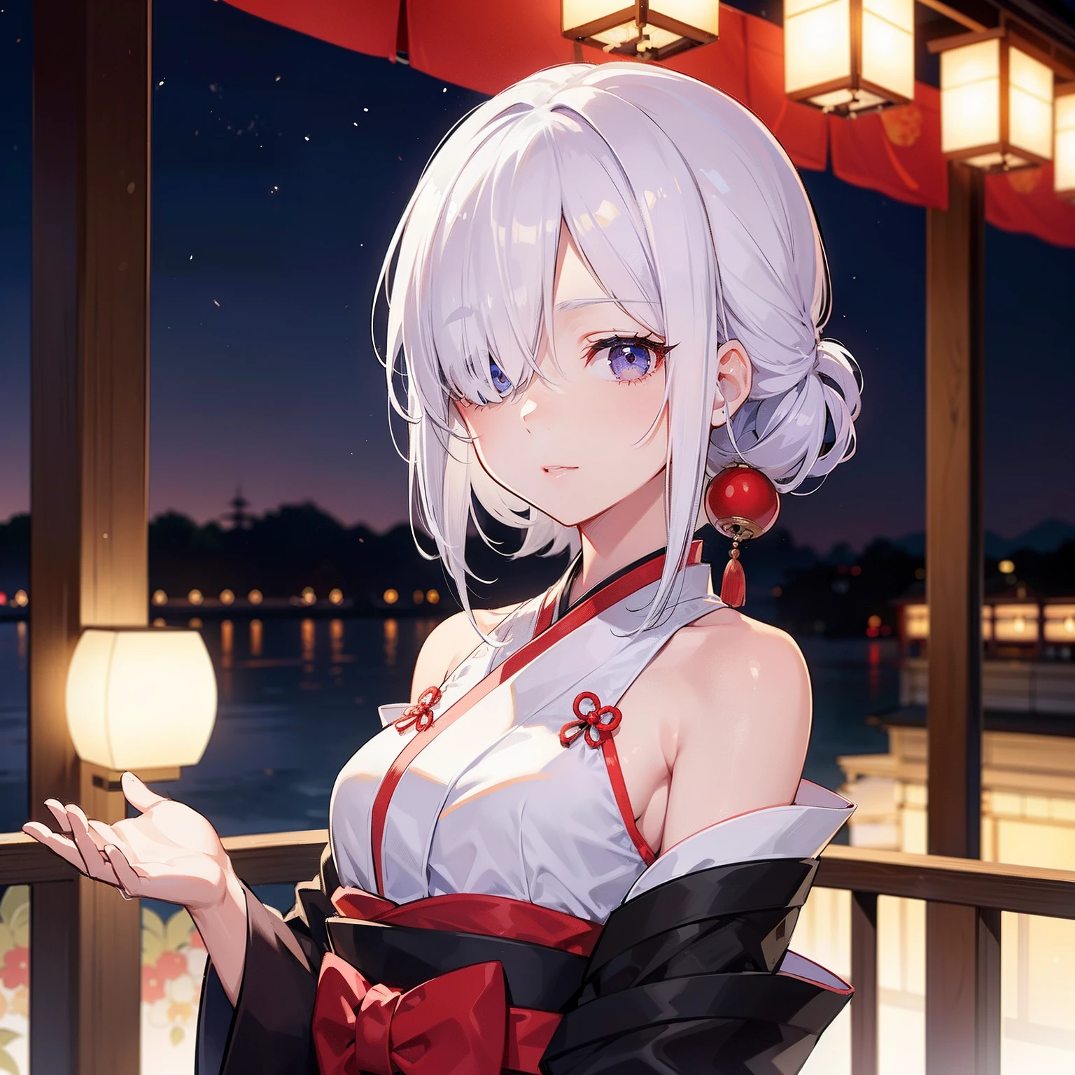 A girl,White hair,eBlue eyes,,(()),Medium hair,Japan architecture,komono,the night,Summer Day Festival,，（(hair on one eye:1.4)）,，flatchest，Face only，Thin,