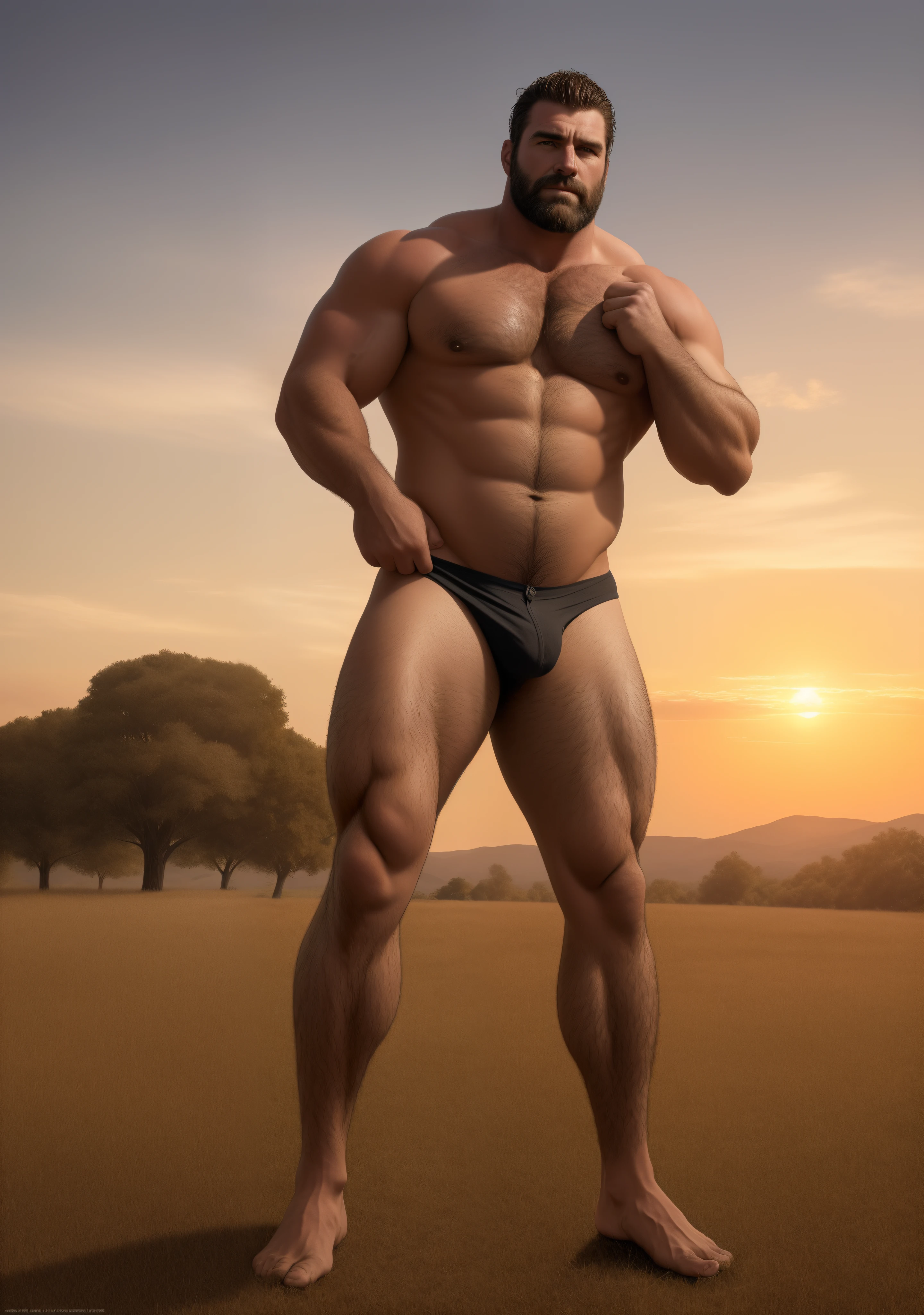 Rough and handsome primitive giants stand in fields looking up at the sky,The appearance of a 40-year-old man,A male giant,Wear dark brown fur shorts,Muscular, Fit and fit,large pecs,Chest hair, Leg hair,Thick pubic hair,little beard, Shirtless, malefocus,((Crotch bulge)),独奏,Sunset Line,Masterpiece, Best quality, A high resolution,fully body photo, Ground view,Masterpiece, Realistic characters,Best quality, A high resolution, 8K quality wallpaper,detailed skin textures,(Gaston Busier style),Highly detailed symmetrical painting,