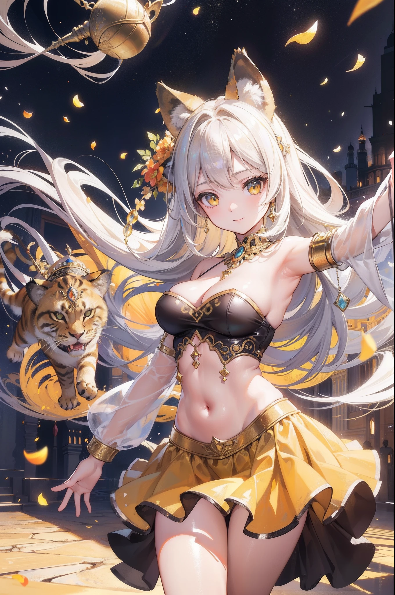 (Masterpiece), (best quality), hight resolution, ultra-detailed, (hyper detailed background, Detailed background), highly detailed, photorealistic, 1 beautiful and gorgeous girl, (cat ears), off-shoulder, North African Islam, Alhambra palace, (Islamic Africa:1.2), Colorful, in desert, Long Long Platina Bond Shining Hair, Big yellow crystal eyes, smile, ((dancing Arabian dance)), light, broken glass, a girl with a pet lion, (shining brightly), ((dazzling)), (floating a lot of flower petals, ((3D)),