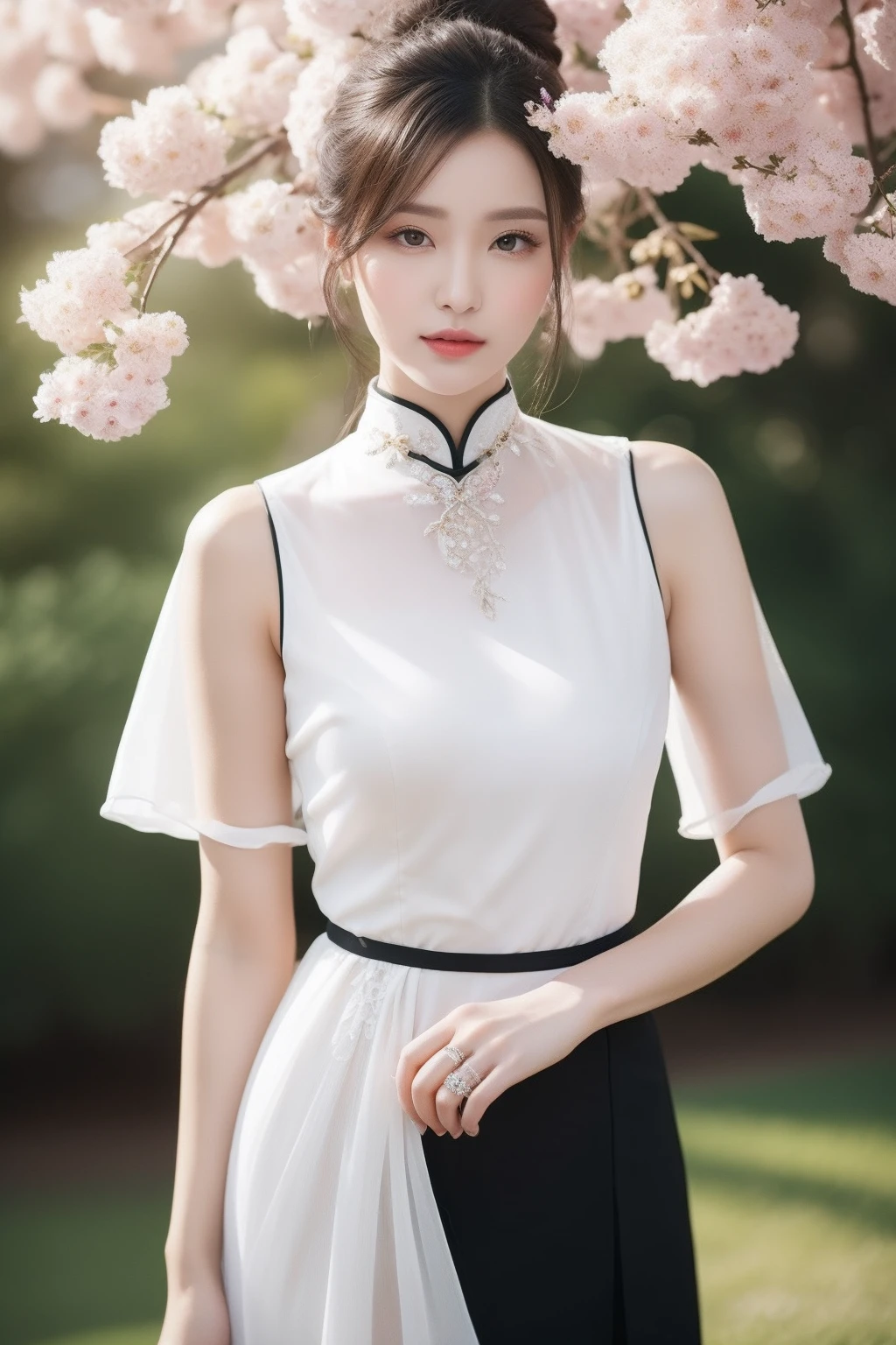 (8k,Very detailed face 1.2,Very detailed clothing details 1.9,High resolution intricately details,动态照明,poster for,Photography-grade art)
Queen of the Republic of China cheongsam temperament,Her graceful posture exudes a proud temperament。She was dressed in a gorgeous cheongsam,Delicate silk follows her graceful curves,Reveal her confidence in her body。The embroidery details on the cheongsam are delicate and intricate,It shows her nobility and taste。
(The stockings outline her slender and attractive legs,The delicate texture reflects her delicate skin。The color of the stockings was chosen just right,Whether it's elegant black,Or sexy red,All make her legs more charming)makeup looks delicate and elegant,A light base to accentuate her fair skin。The rosy lips are as enchanting as cherry blossoms,Shimmering with an alluring sheen。Her slender eyes shone with wisdom,The use of eyeshadow subtly added to her look。
The hairstyle is carefully crafted,Comb your silky hair into a solemn and elegant bun,Embellished with some delicate hair accessories。The delicate hair ornaments shimmered in her dark strands,It adds a touch of luxury and elegance to her overall makeup。
Gorgeous costumes and delicate makeup,She also pays attention to detail。In terms of accessories,She carefully selected a pearl necklace,Adorn the slender neck,Shimmering with nature。The ruby bracelet on your wrist complements the gorgeous diamond ring between your fingers,It shows her attention to detail and taste。
