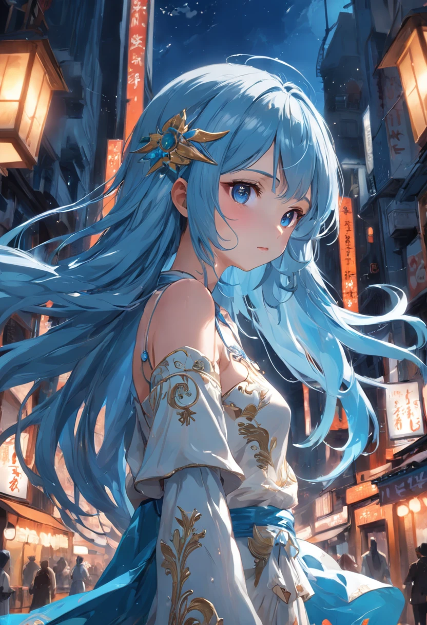 The best quality, high resolution, detailed 4k CG, masterpiece, amazing art, fine details, high details, complex details, blue long hair, girly feeling, big eyes, pure desire, lovely, young and beautiful, immortal,Flying ,, light and shadow, light,Gorgeous clothes,sea