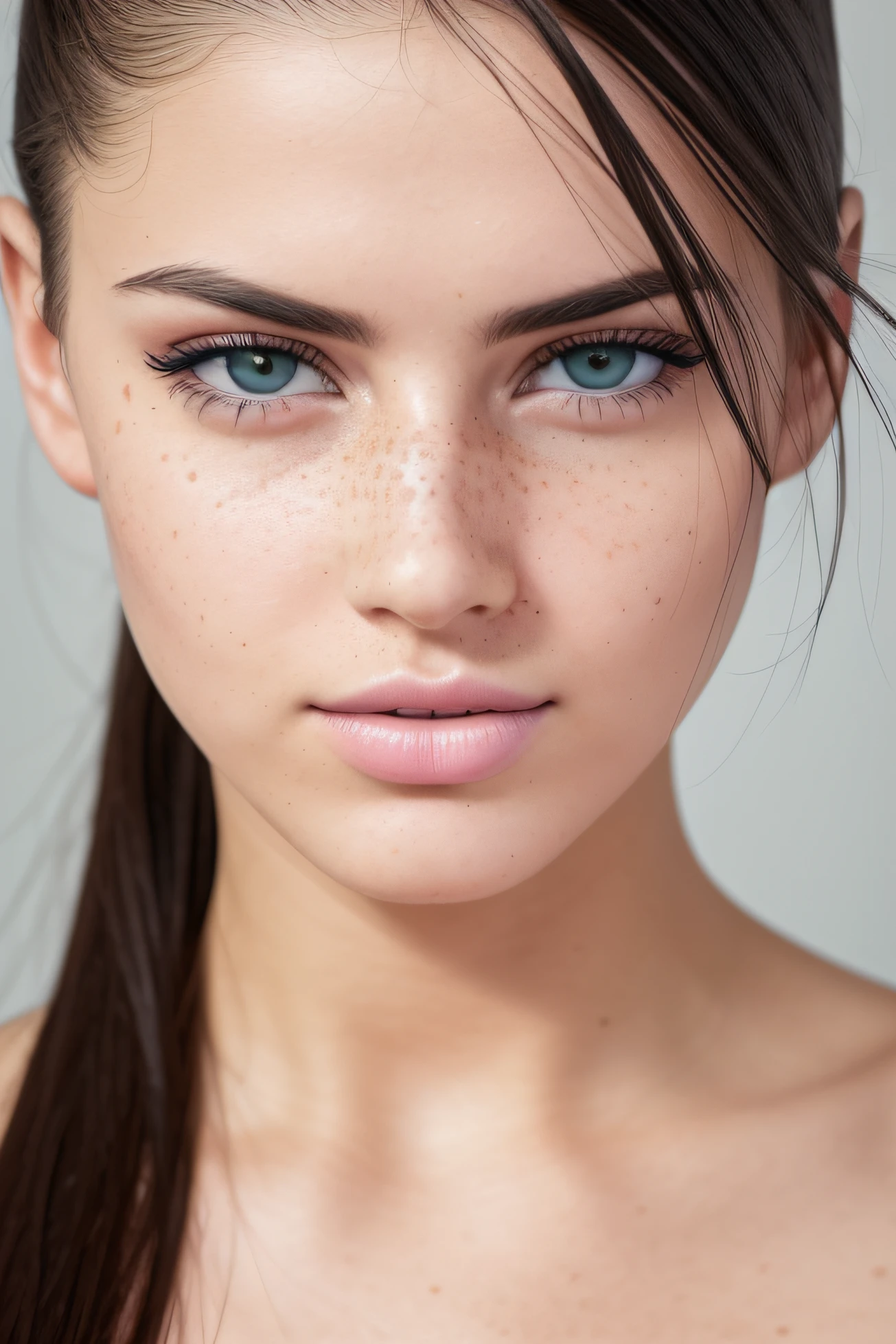 A very detailed image of russian model with freckles, dark hair black eyes, double eyelids, looking in to camera serious face, thick lips, daytime, taken with a sony, using 35mm lens, natural features::1 35mm lens::1 global illumination::1 uplight::1 dof --ar 16:9 --q 2 --v 5