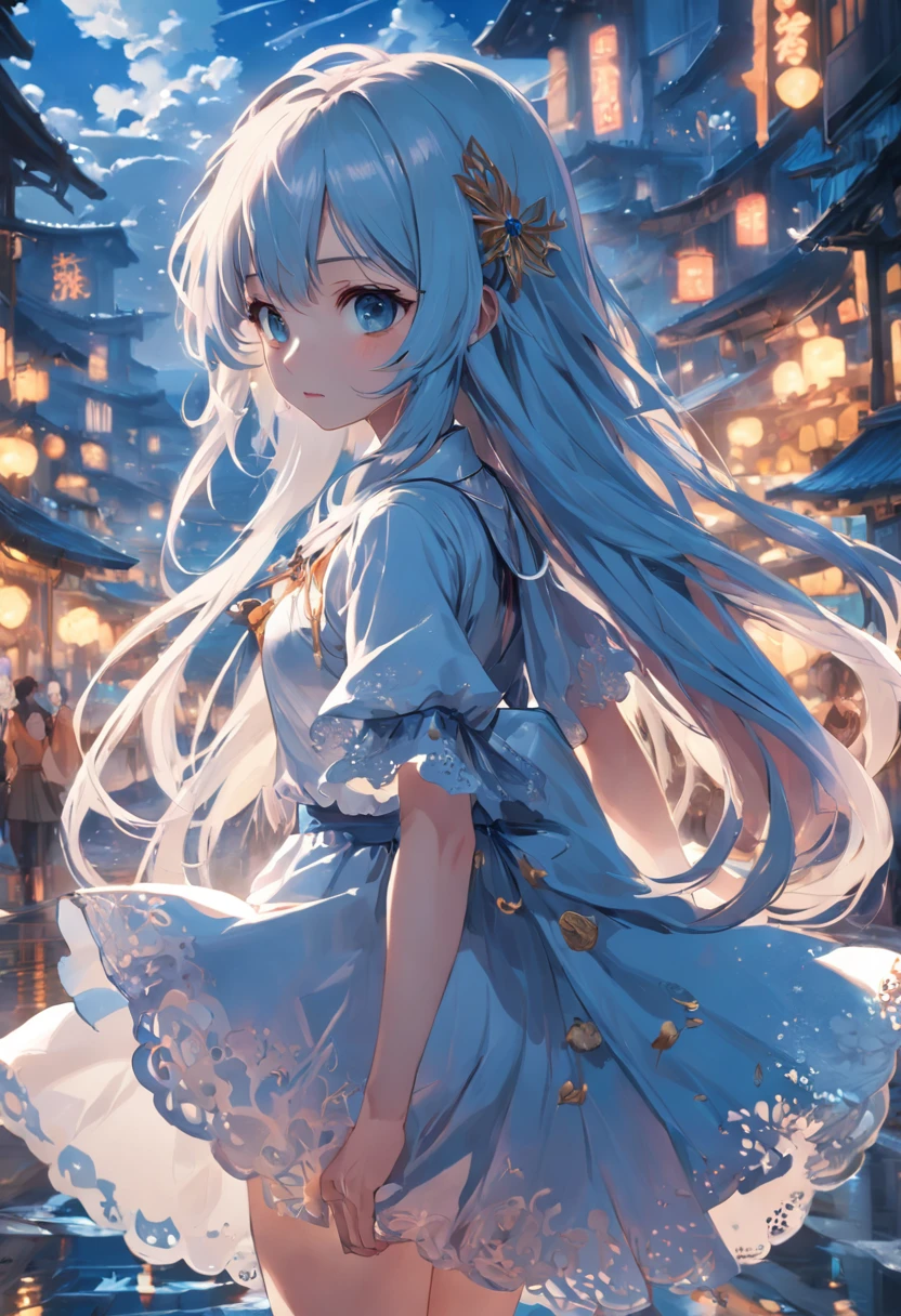 The best quality, high resolution, detailed 4k CG, masterpiece, amazing art, fine details, high details, complex details, blue long hair, girly feeling, big eyes, pure desire, lovely, young and beautiful, immortal,Flying ,, light and shadow, light,Gorgeous clothes,sea