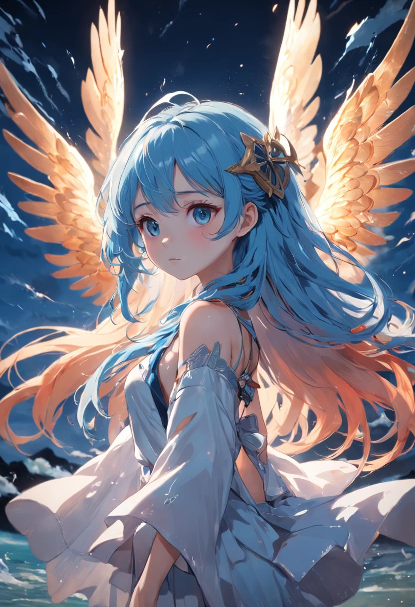 The best quality, high resolution, detailed 4k CG, masterpiece, amazing art, fine details, high details, complex details, blue long hair, girly feeling, big eyes, pure desire, lovely, young and beautiful, immortal,Flying ,, light and shadow, light,Gorgeous clothes,sea