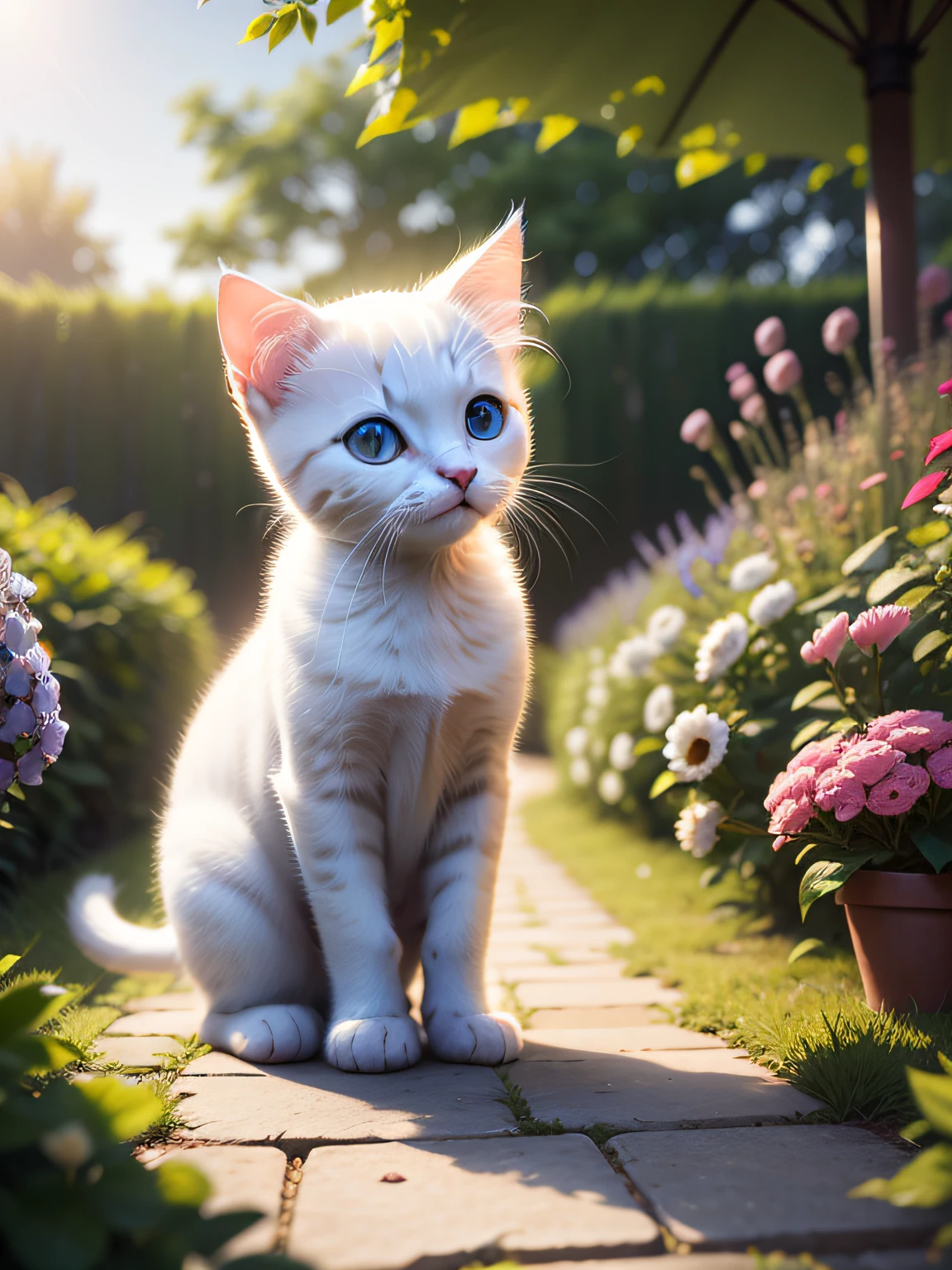 (A cute white kitten:1.01),rays of sunshine,trpical garden,Realiy,naturey